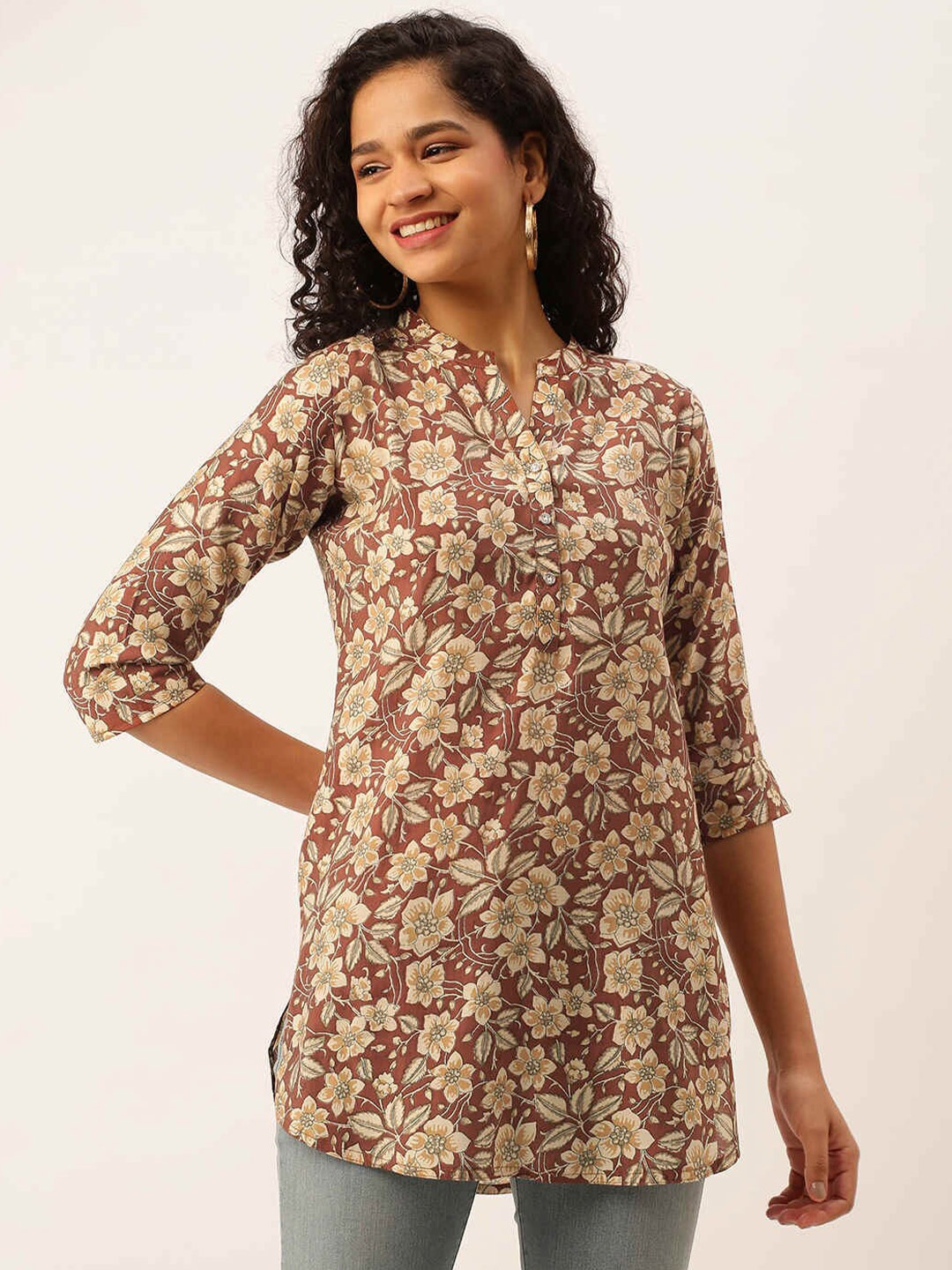 

ZOLA Mandarin Collar Floral Printed Tunic, Rust