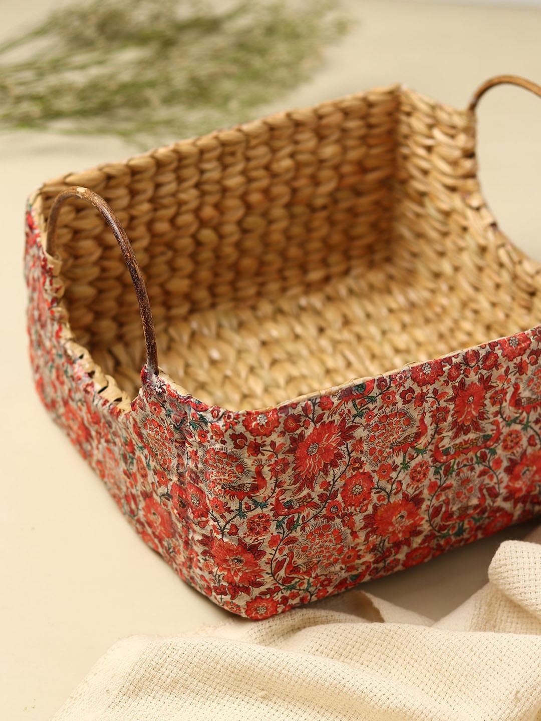 HABERE INDIA Red Floral Printed Jute Kitchen Storage Basket