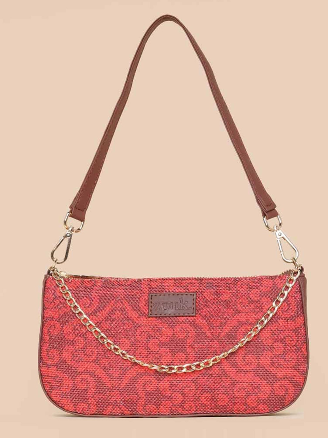 

ZOUK Ethnic Motifs Printed Structured Baguette Shoulder Bag, Red