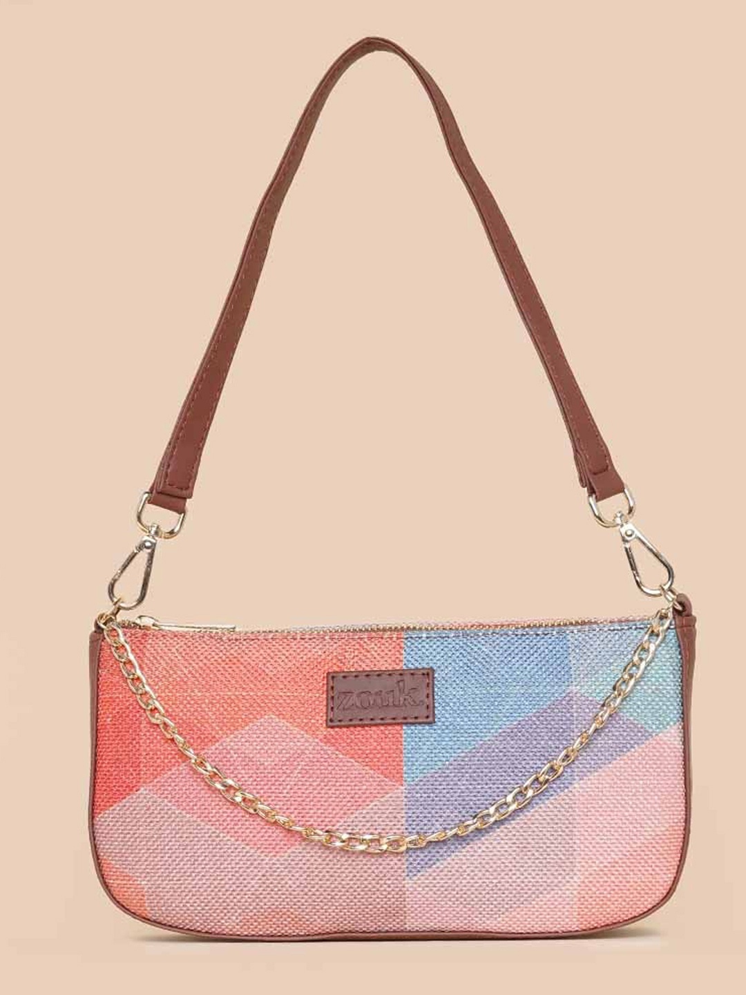 

ZOUK Printed Structured Baguette Bag Handbags, Peach