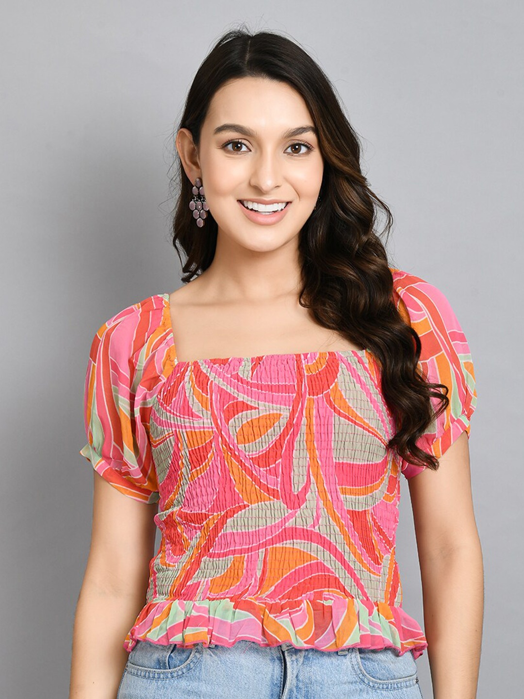 

PRETTY LOVING THING Printed Smocked Chiffon Crop Top, Multi