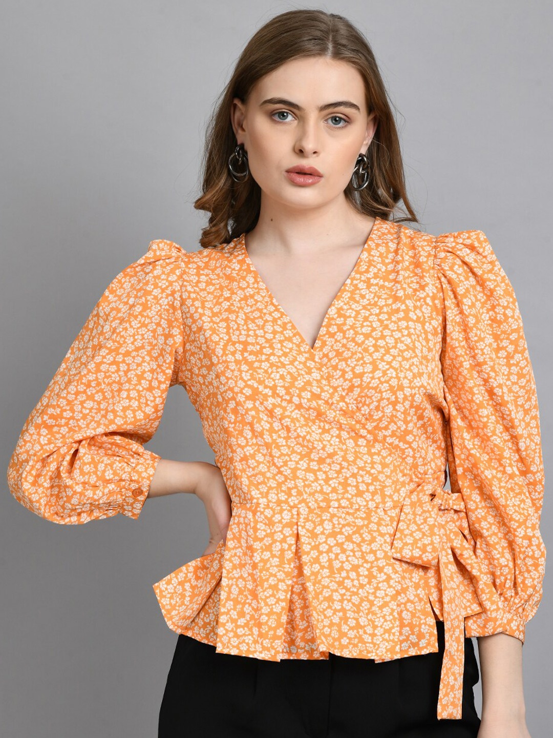 

PRETTY LOVING THING Floral Printed Puff Sleeve Wrap Top, Orange