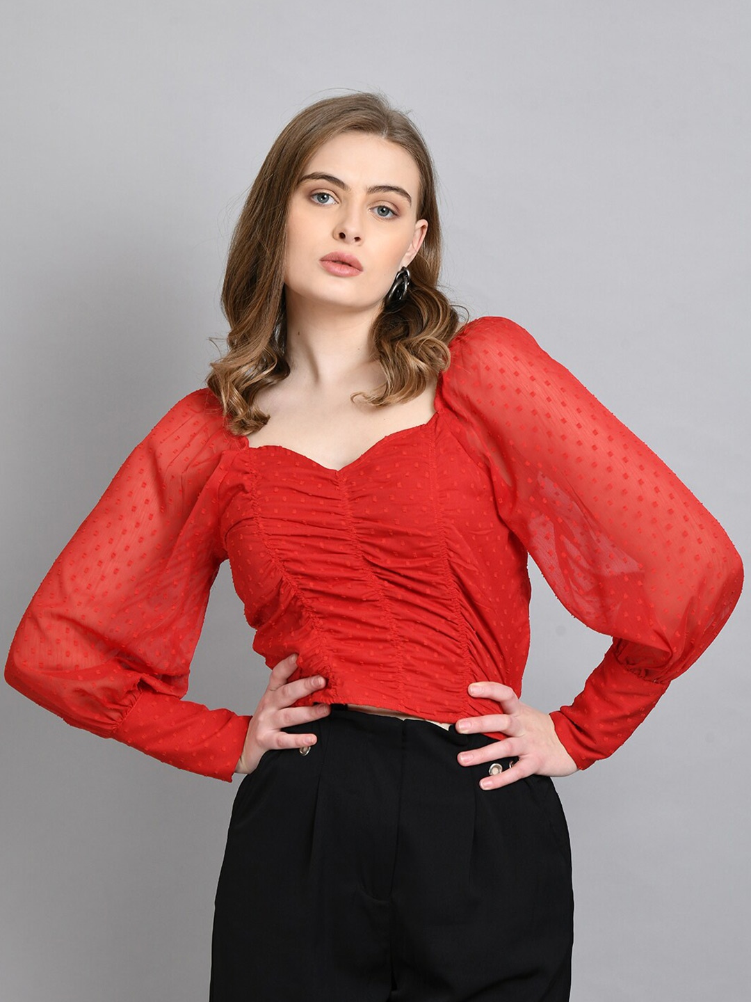 

PRETTY LOVING THING Sweetheart Neck Chiffon Crop Top, Red