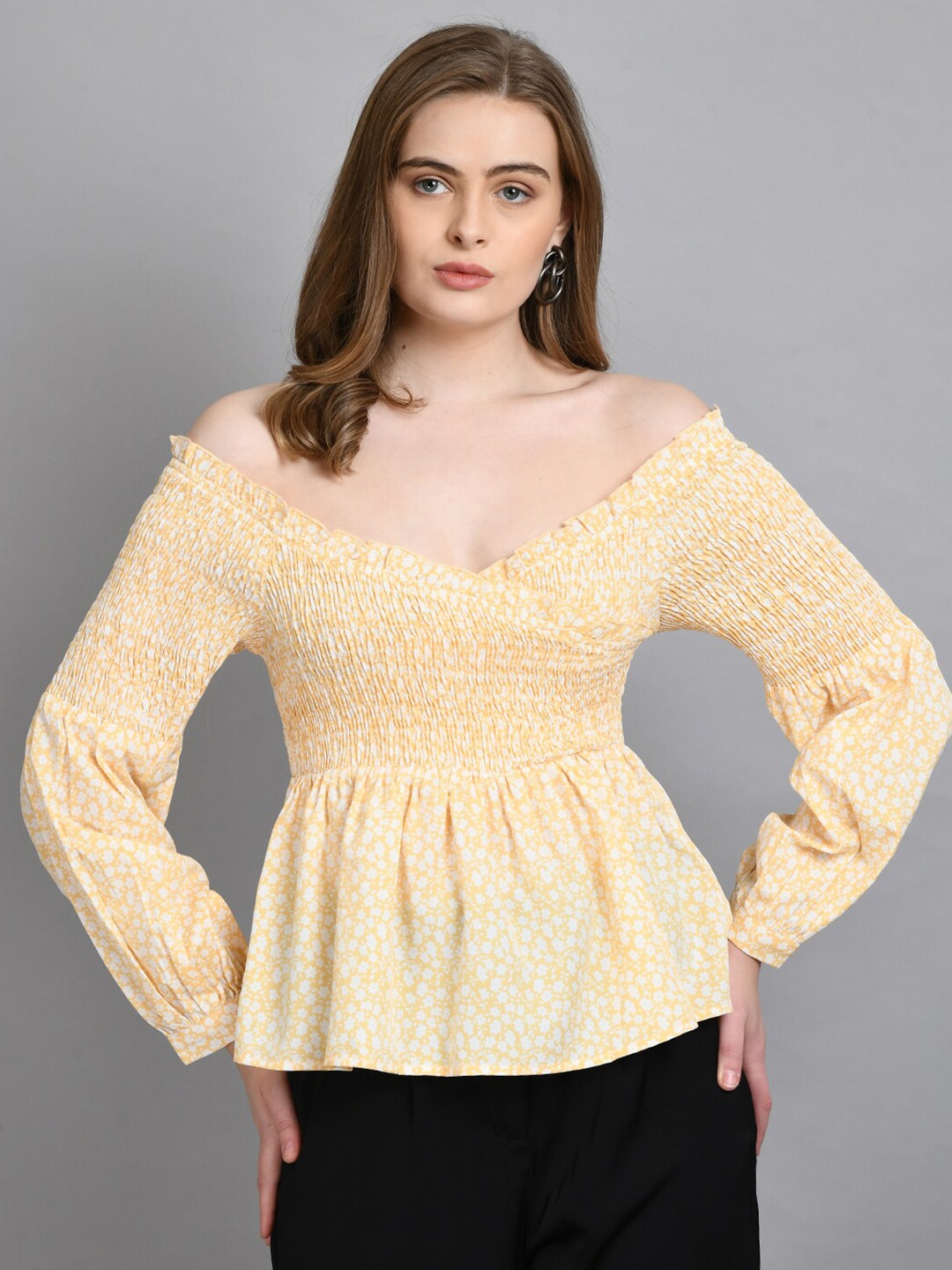 

PRETTY LOVING THING Print Off-Shoulder Peplum Top, Yellow