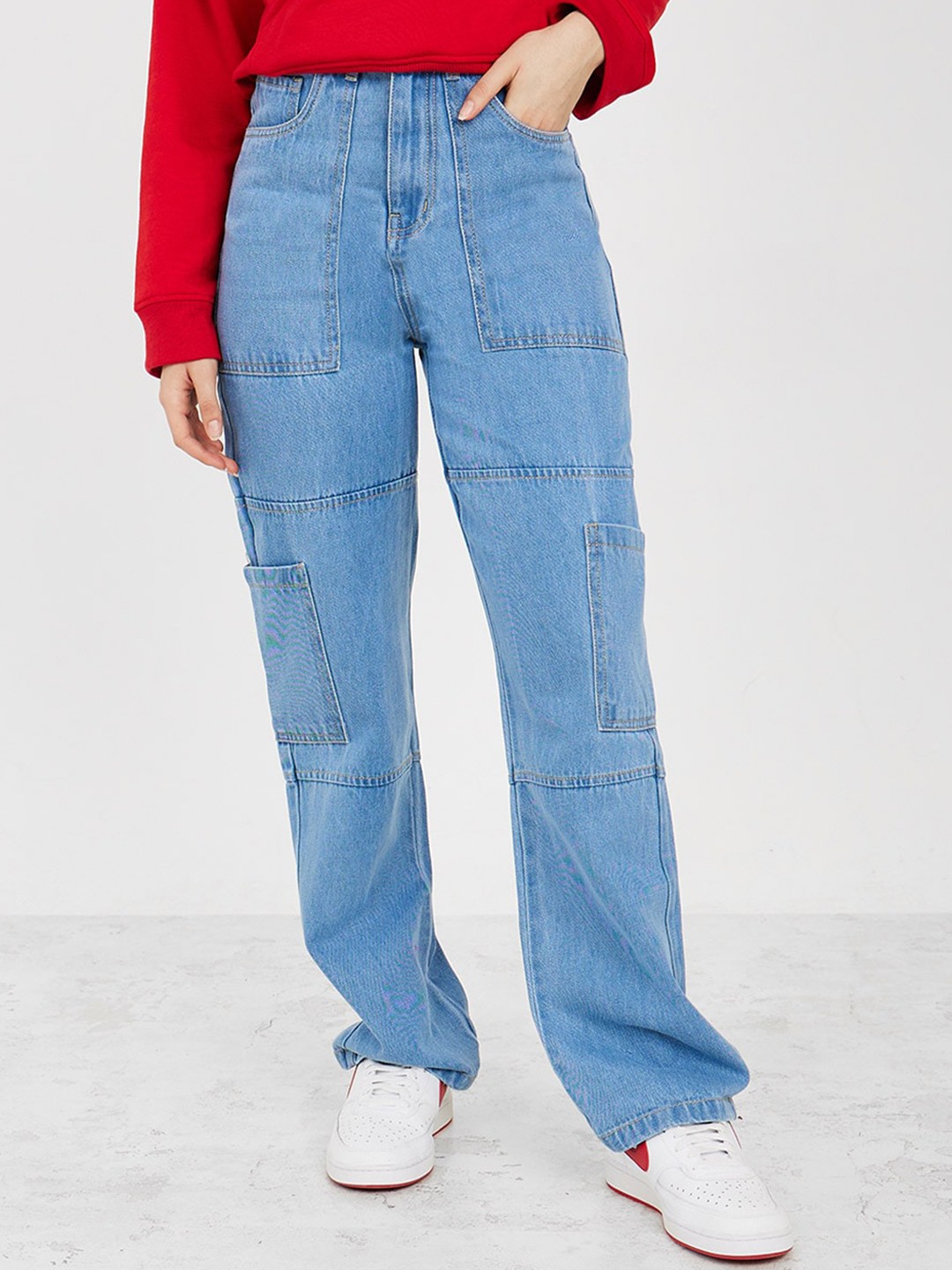 

Styli Women Wide Leg High-Rise Low Distress Cotton Jeans, Blue