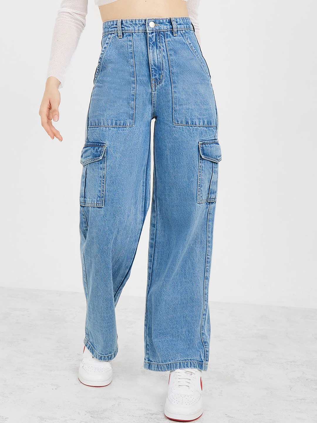 

Styli Women Wide Leg High-Rise Mildly Distressed Cotton Jeans, Blue