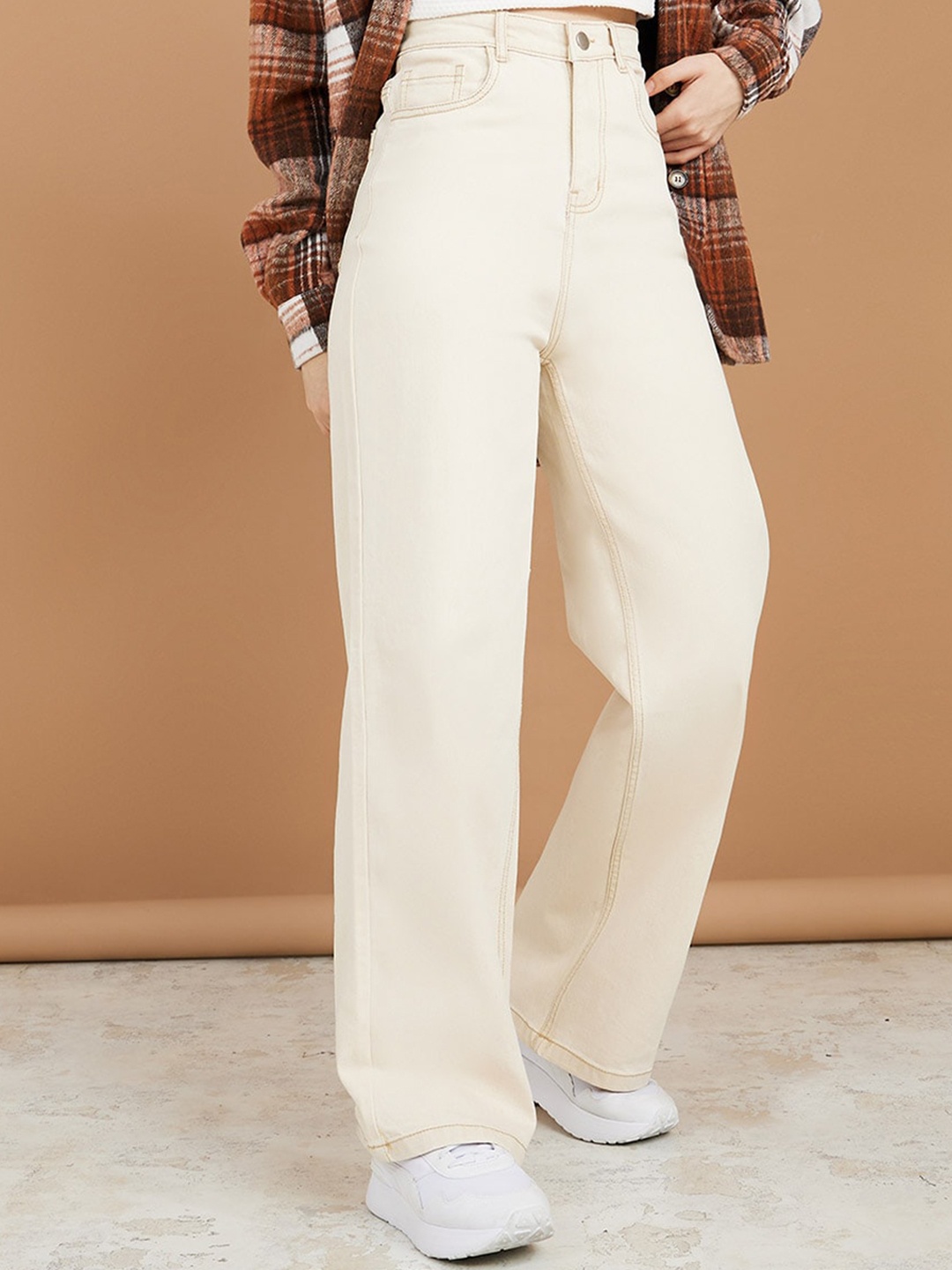 

Styli Women Wide Leg High-Rise Cotton Jeans, Beige