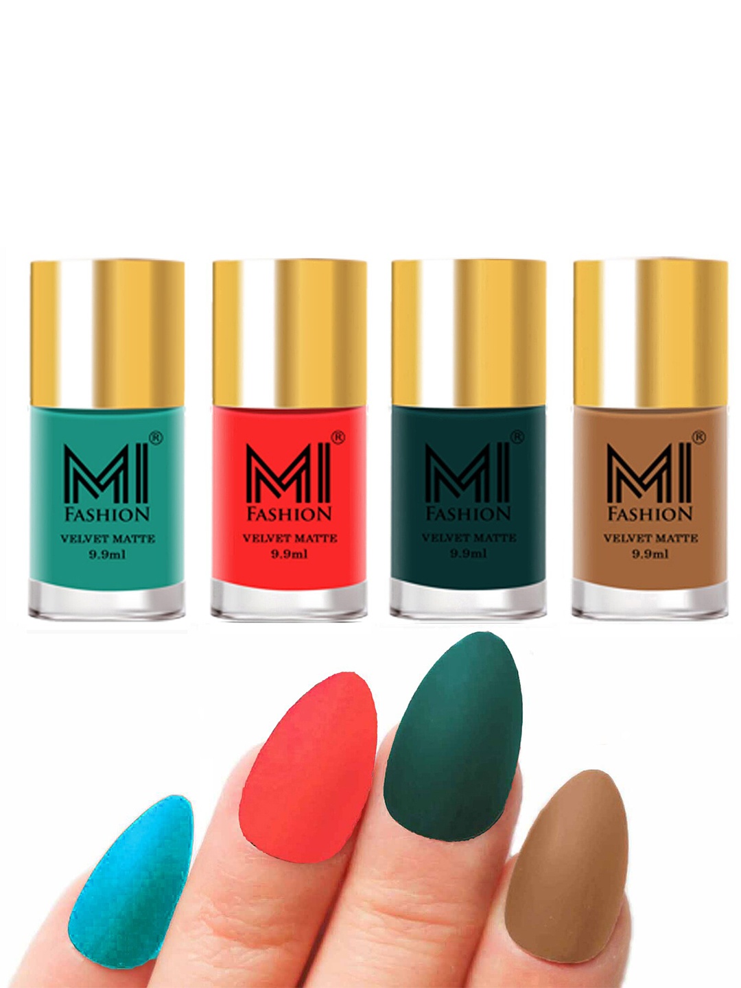 

MI FASHION Set of 4 Velvet Matte Nail Polish 9.9 ml Each - Sky Blue 06 - Neon Orange 11 - Dark Green 12 - Dark Nude 27, Multi