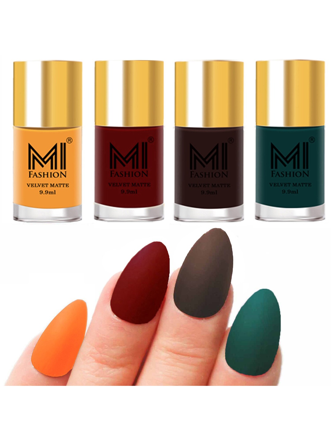 

MI FASHION Set of Velvet Matte Nail Polish 9.9 ml Each -Saffron Orange 01 - Red 08 - Dark Brown 09 - Dark Green 12, Multi