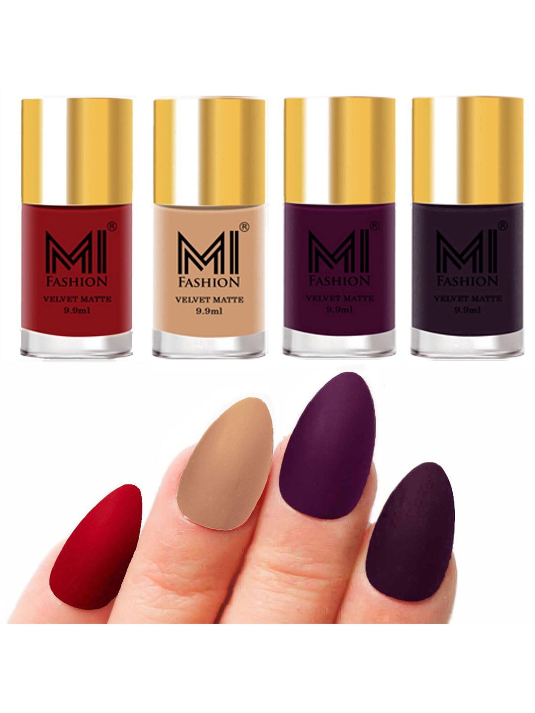 

MI FASHION Set of Velvet Matte Nail Polish 9.9 ml Each -Tomato Red 22 - Nude 28 - Purple 29 - Dark Purple 30, Multi