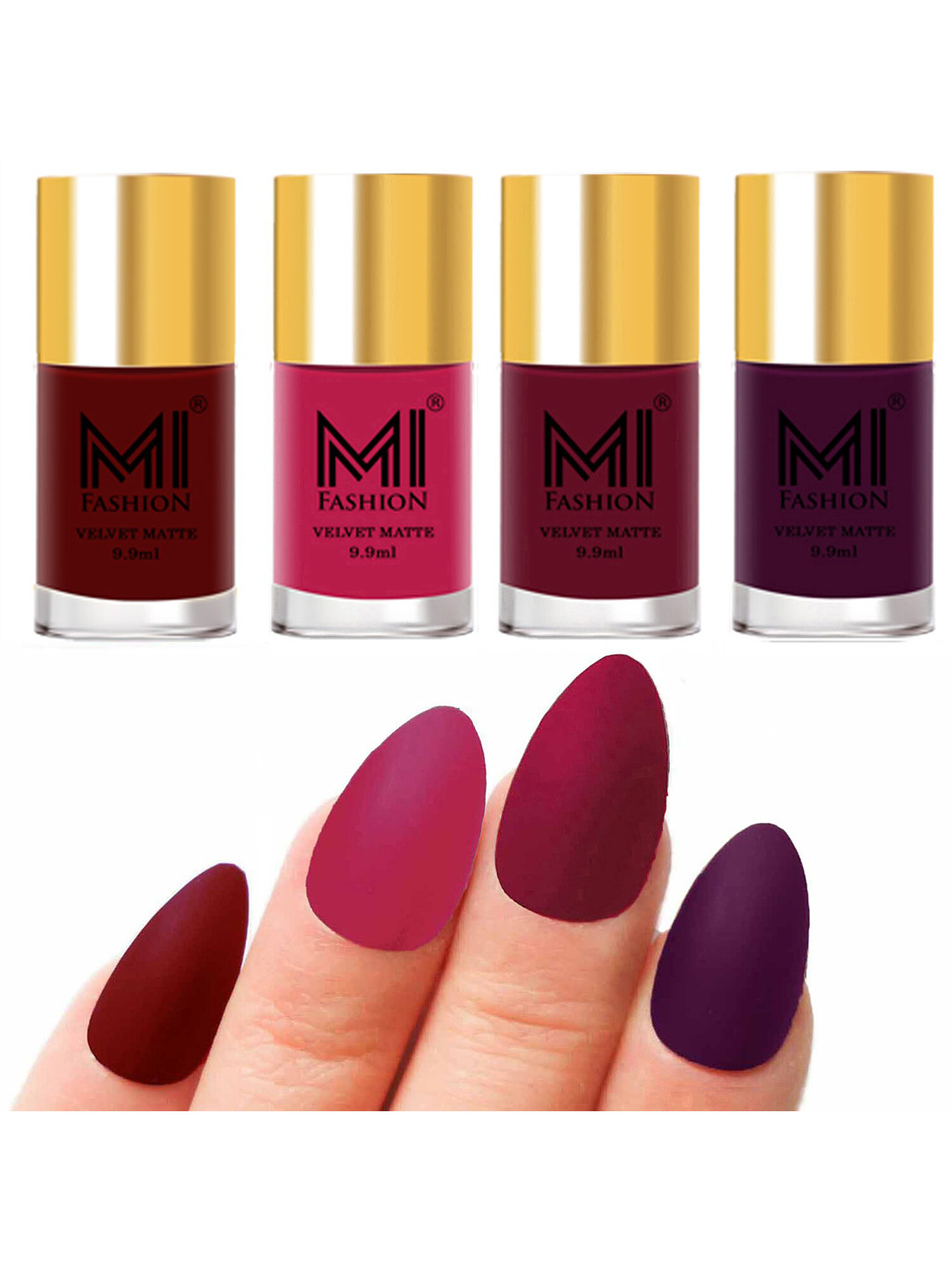 

MI FASHION Set of Velvet Matte Nail Polish 9.9 ml Each -Red 08 - Pink 24 - Mauve 25 - Purple 29, Multi