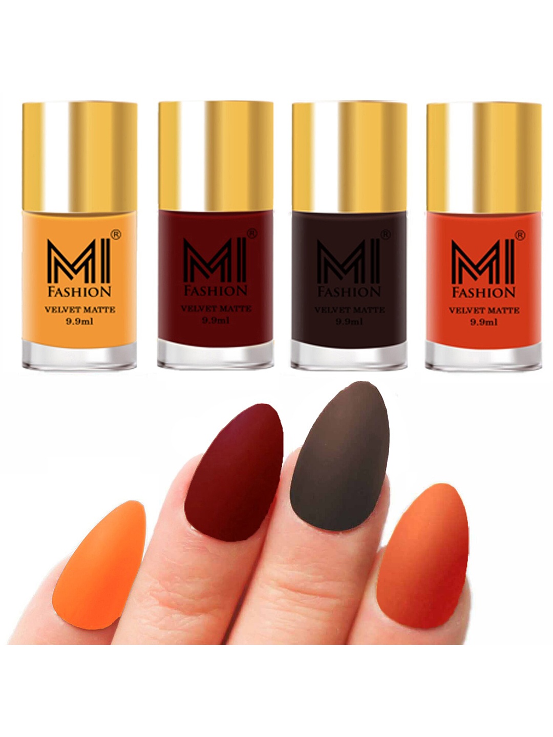 

MI FASHION Set of Velvet Matte Nail Polish 9.9 ml Each -Saffron Orange 01 - Red 08 - Dark Brown 09 - Orange 16, Multi