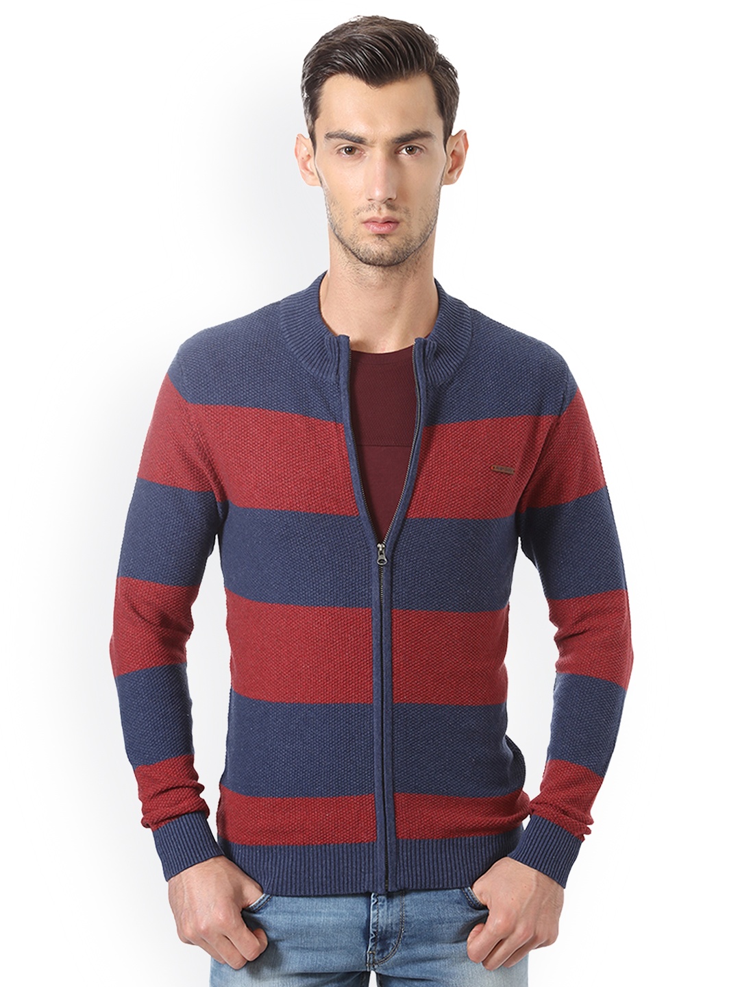 

Allen Solly Men Navy Blue & Maroon Striped Cardigan Sweater
