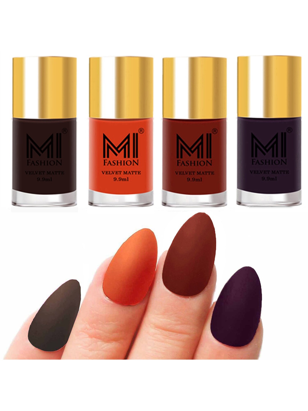 

MI FASHION Set of Velvet Matte Nail Polish 9.9 ml Each -Dark Brown 09 - Orange 16 - Cherry Red 17 - Dark Purple 30, Multi