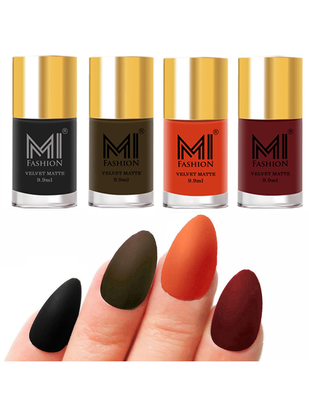 

MI FASHION Set of Velvet Matte Nail Polish 9.9 ml Each -Black 05 - Olive Brown 15 - Orange 16 - Maroon 23, Multi