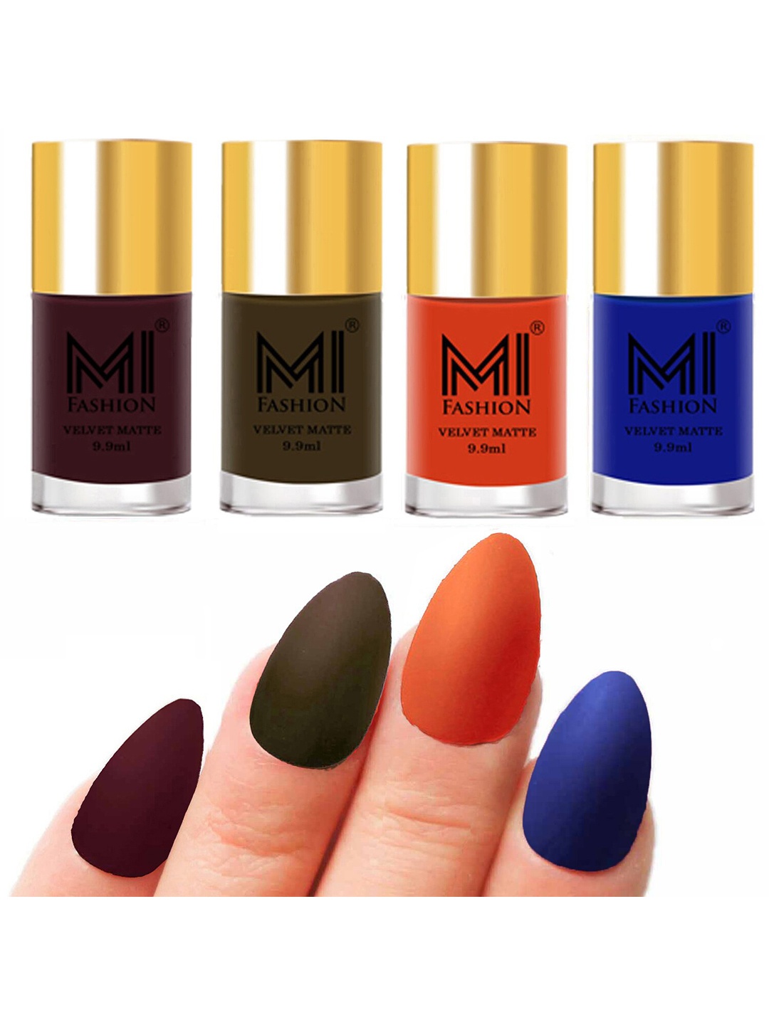 

MI FASHION Set of Velvet Matte Nail Polish 9.9 ml Each -Wine 03 - Olive Brown 15 - Orange 16 - Royal Blue 19, Multi