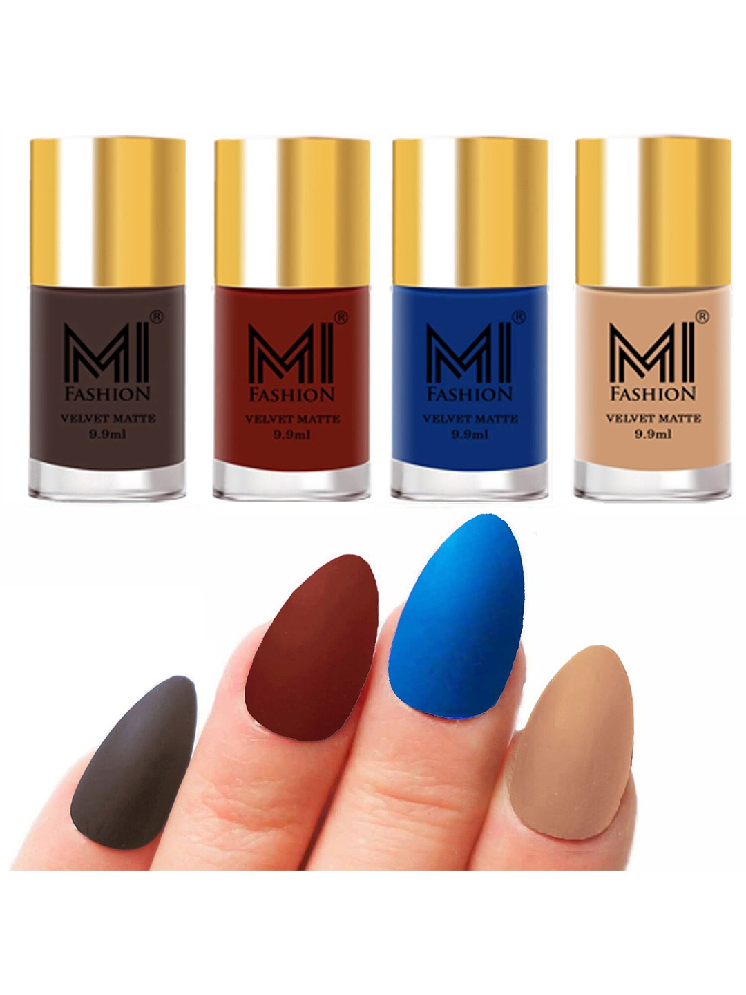 

MI FASHION Set of Velvet Matte Nail Polish 9.9 ml Each -Coffee 02 - Cherry Red 17 - Navy Blue 18 - Nude 28, Multi