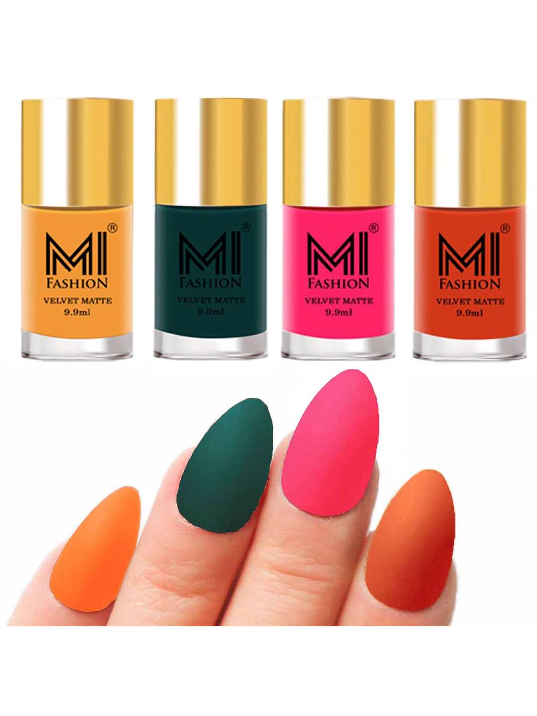 

MI FASHION Set of Velvet Matte Nail Polish 9.9 ml Each -Saffron Orange 01 - Dark Green 12 - Neon Pink 13 - Orange 16, Multi