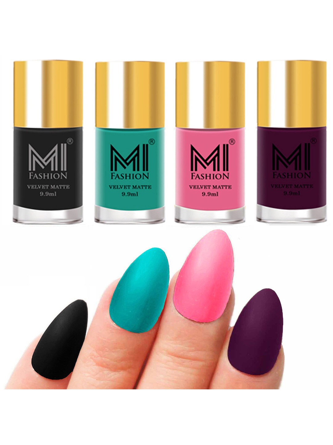 

MI FASHION Set of Velvet Matte Nail Polish 9.9 ml Each -Black 05 - Sky Blue 06 - Baby Pink 07 - Purple 29, Multi