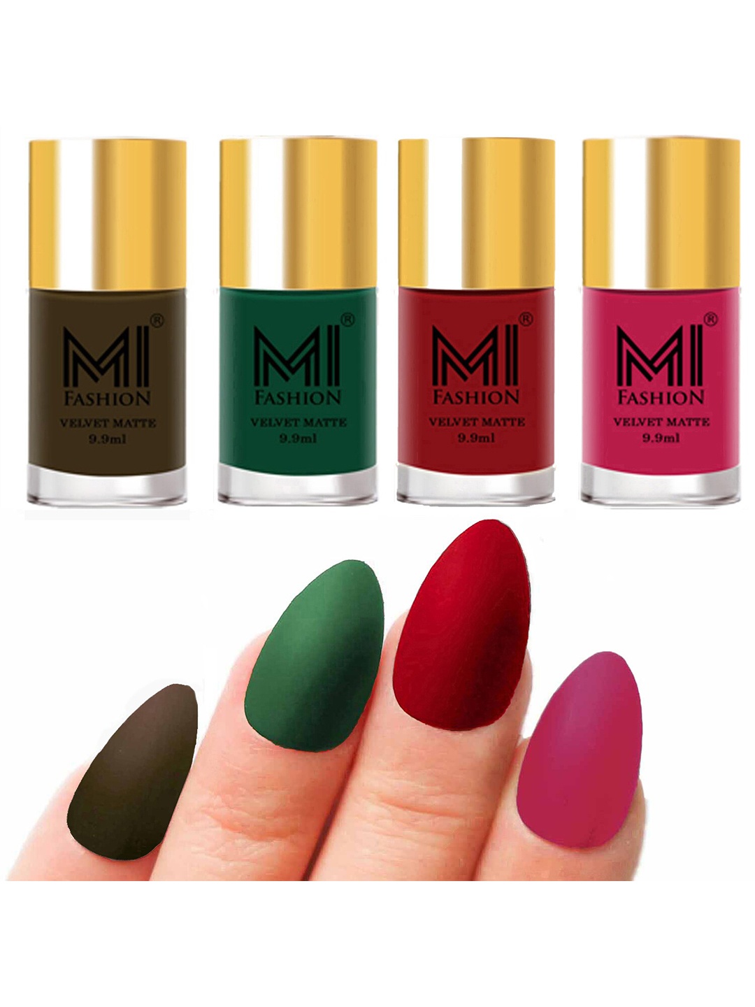

MI FASHION Set of Velvet Matte Nail Polish 9.9 ml Each -Olive Brown 15 - Green 21 - Tomato Red 22 - Pink 24, Multi
