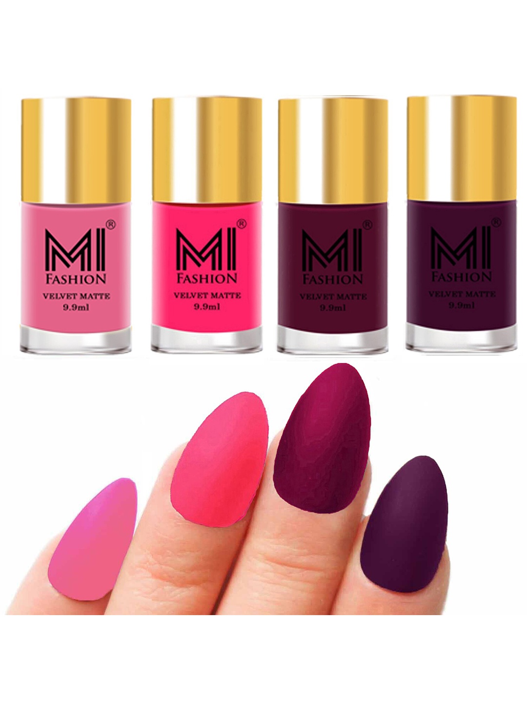 

MI FASHION Set of Velvet Matte Nail Polish 9.9 ml Each -Baby Pink 07 - Neon Pink 13 - Magenta 14 - Purple 29, Multi