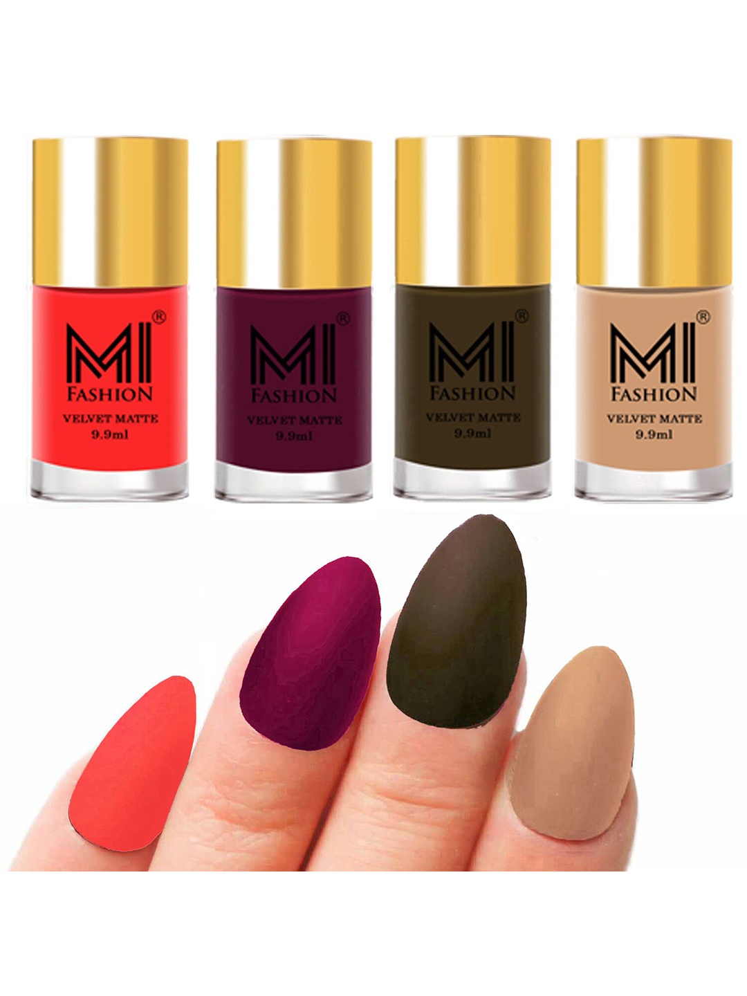 

MI FASHION Set of Velvet Matte Nail Polish 9.9 ml Each -Neon Orange 11 - Magenta 14 - Olive Brown 15 - Nude 28, Multi