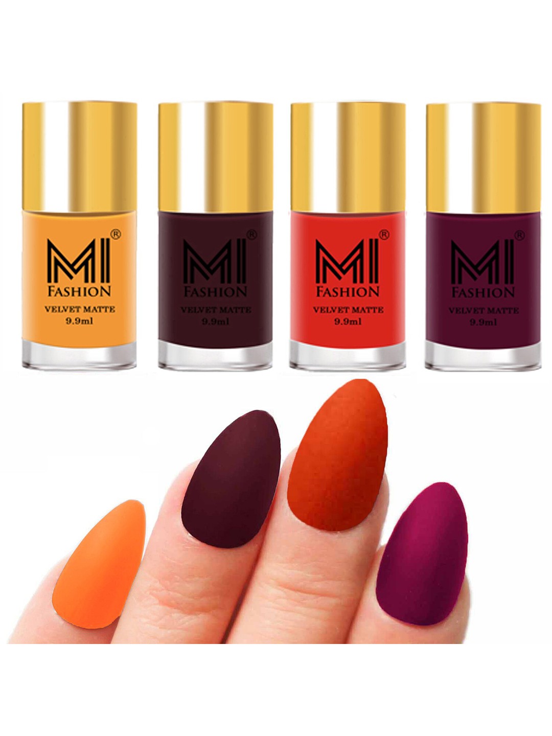 

MI FASHION Set of Velvet Matte Nail Polish 9.9 ml Each -Saffron Orange 01 - Wine 03 - Orange 04 - Magenta 14, Multi