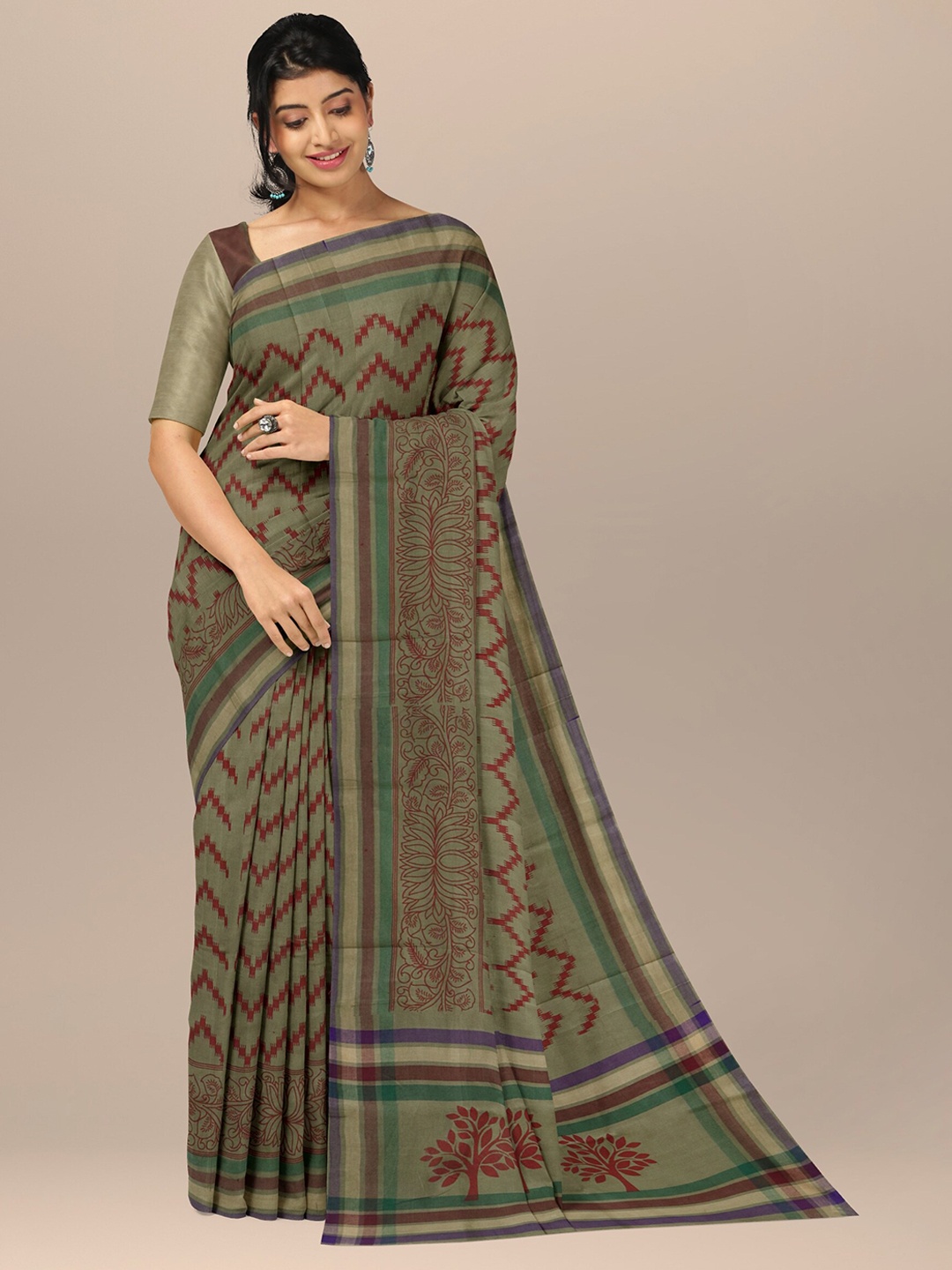 

APCO Printed Pure Cotton Saree, Green