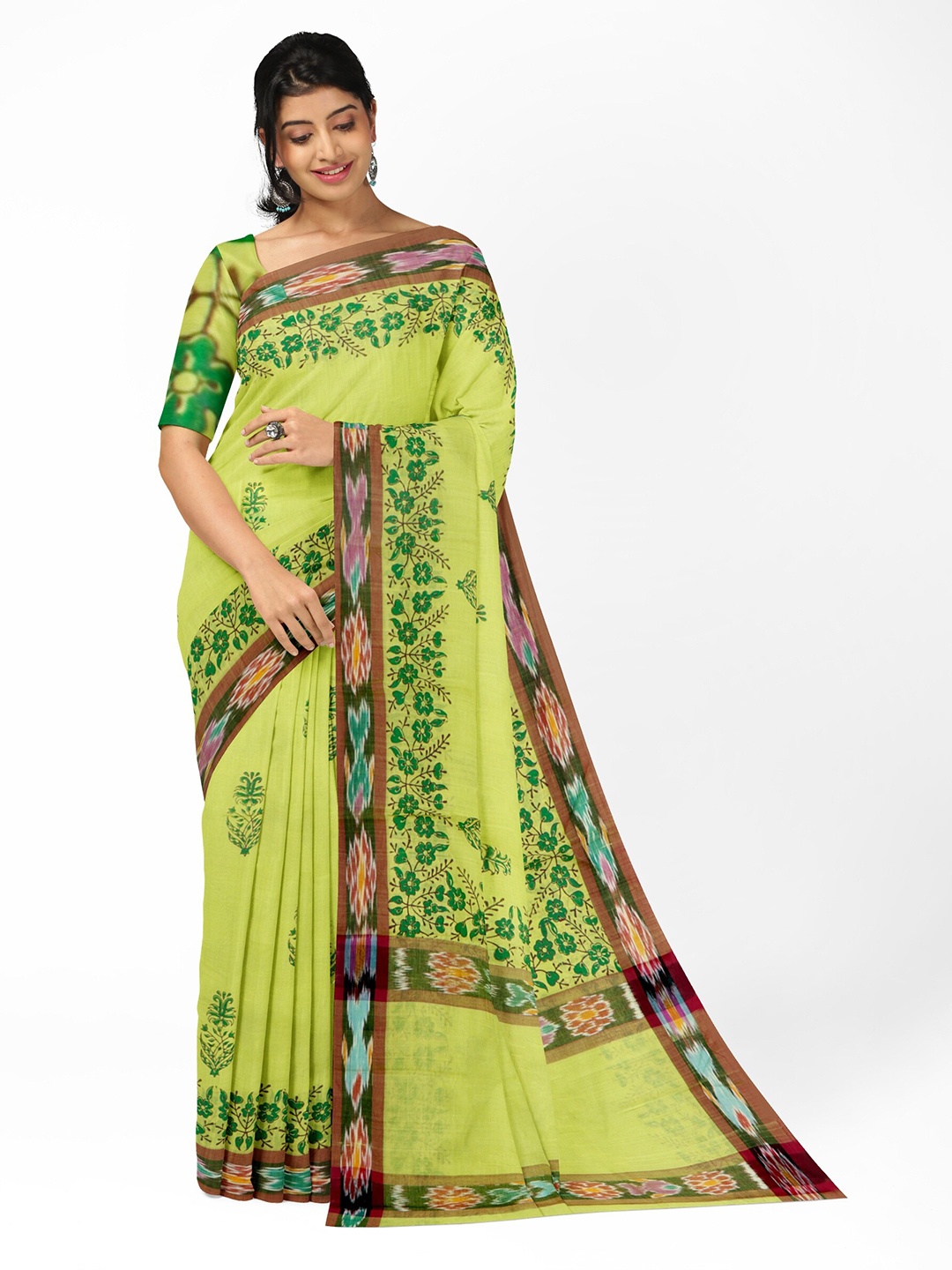 

APCO Floral Pure Cotton Saree, Fluorescent green