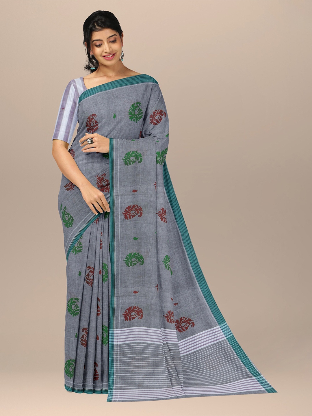 

APCO Ethnic Motifs Pure Cotton Saree, Grey
