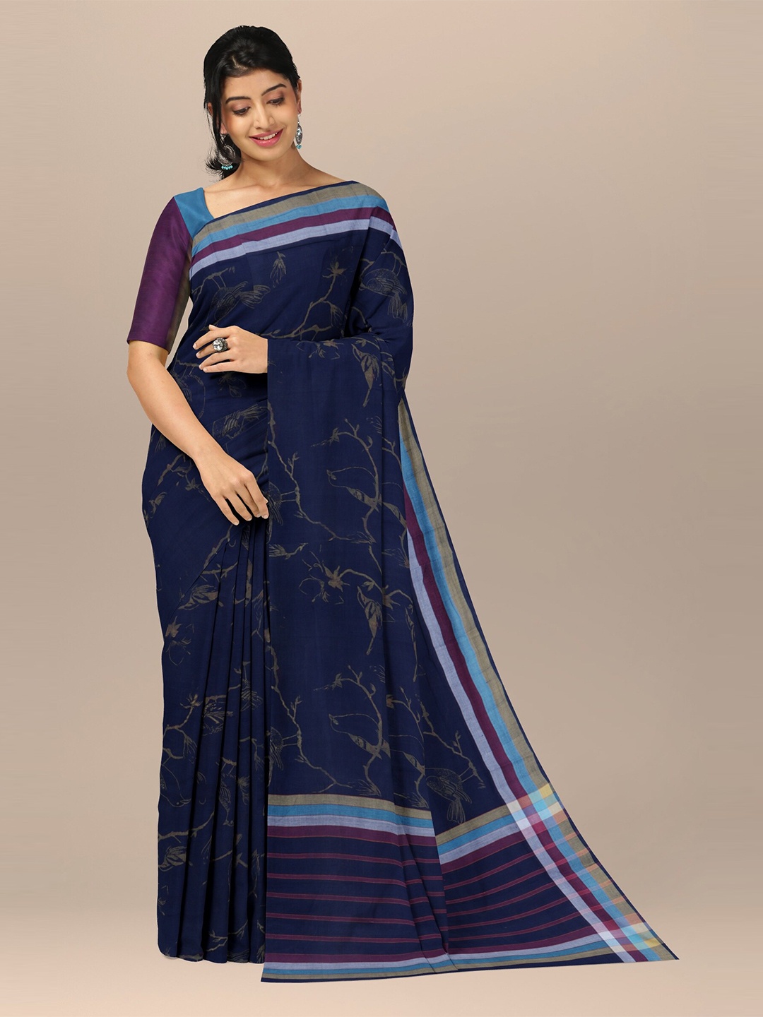 

APCO Ethnic Motifs Pure Cotton Saree, Navy blue