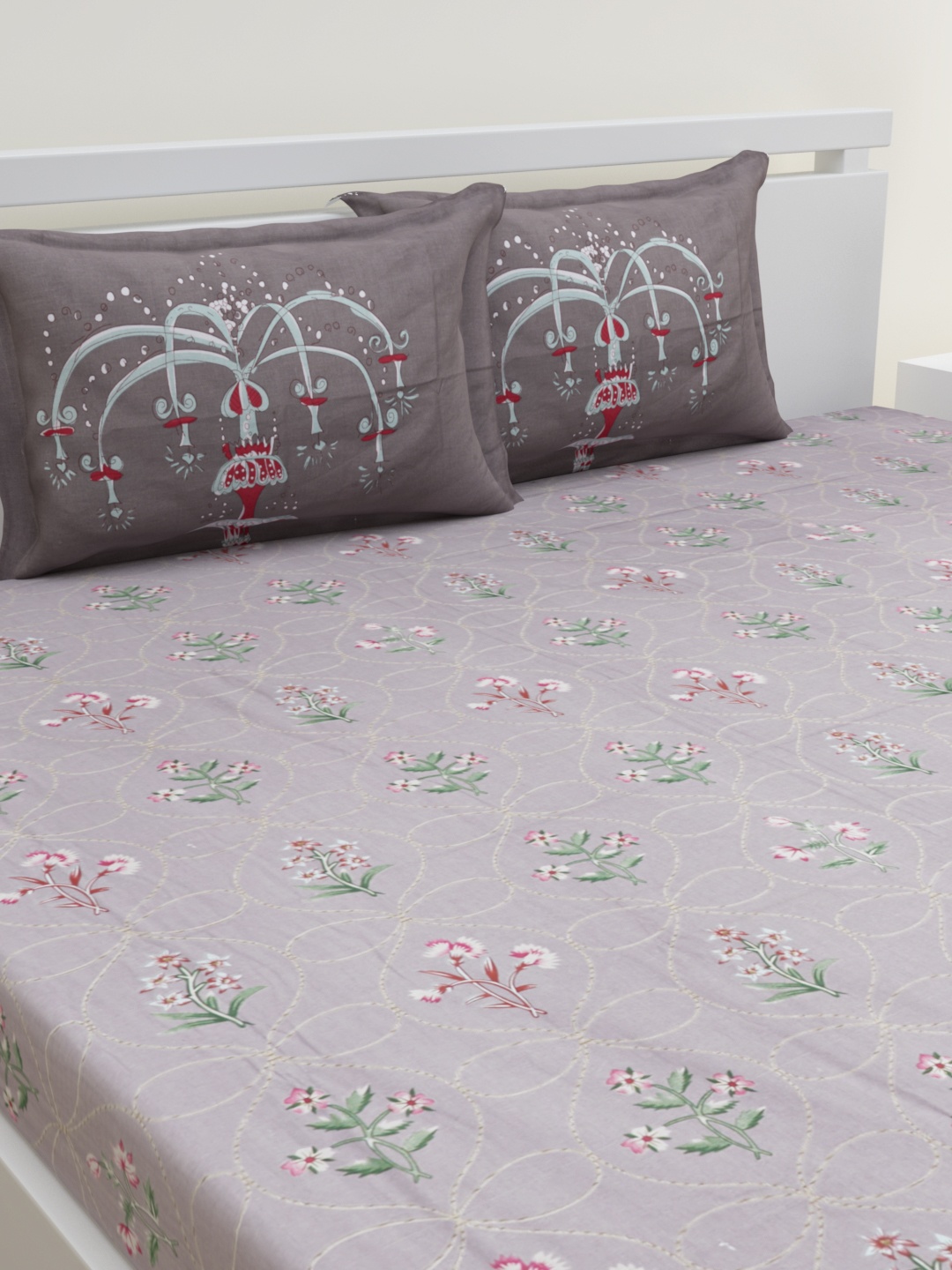 

HOME AFFAIRS Grey & Green Floral 180 TC King Pure Cotton Bedsheet with 2 Pillow Covers