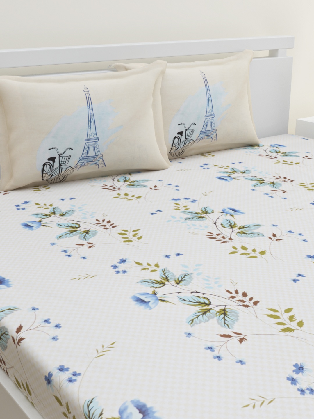 

HOME AFFAIRS White & Blue Floral 180 TC Cotton King Bedsheet with 2 Pillow Covers
