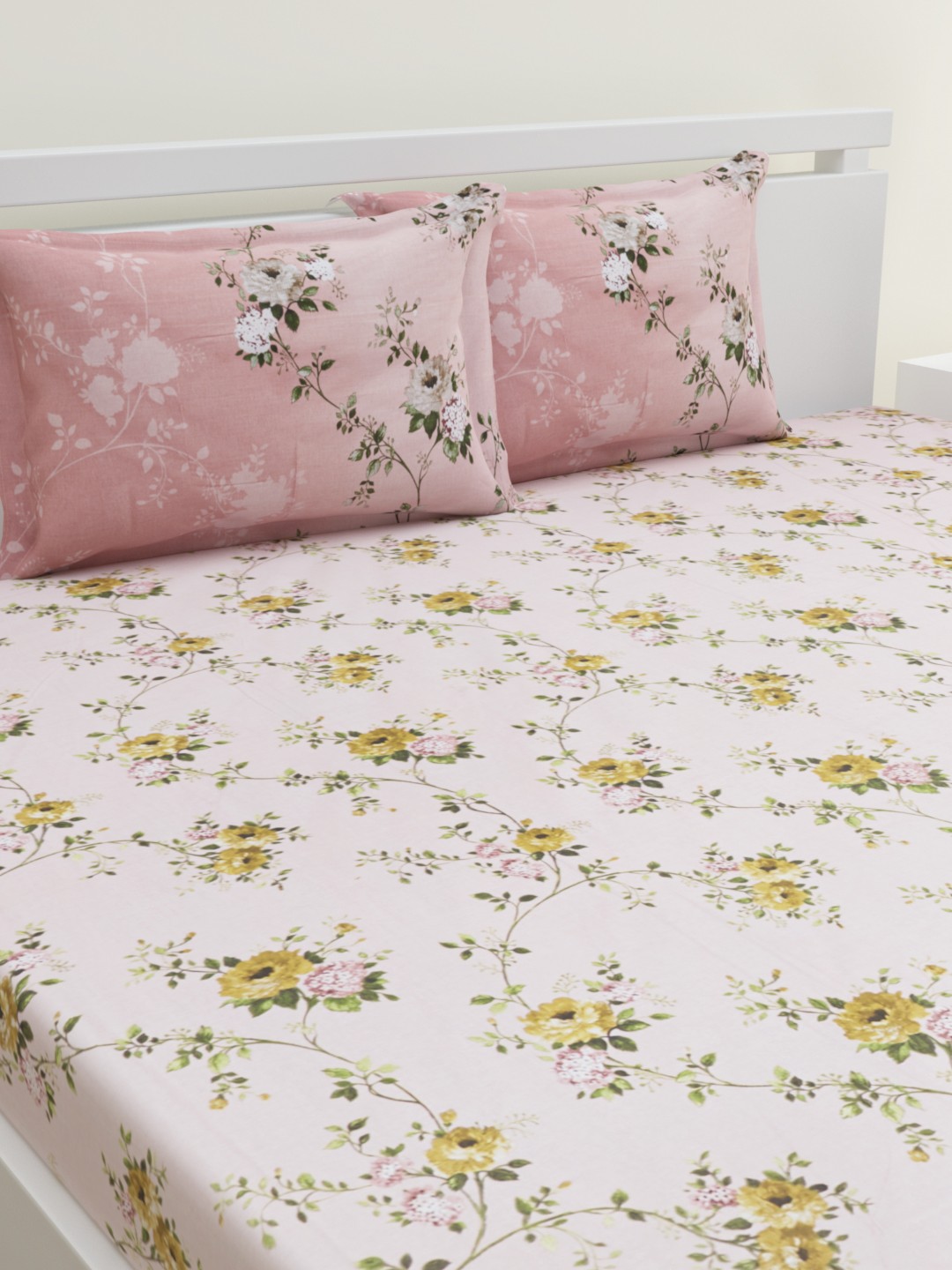 

HOME AFFAIRS Pink & Green Floral 180 TC King Pure Cotton Bedsheet with 2 Pillow Covers