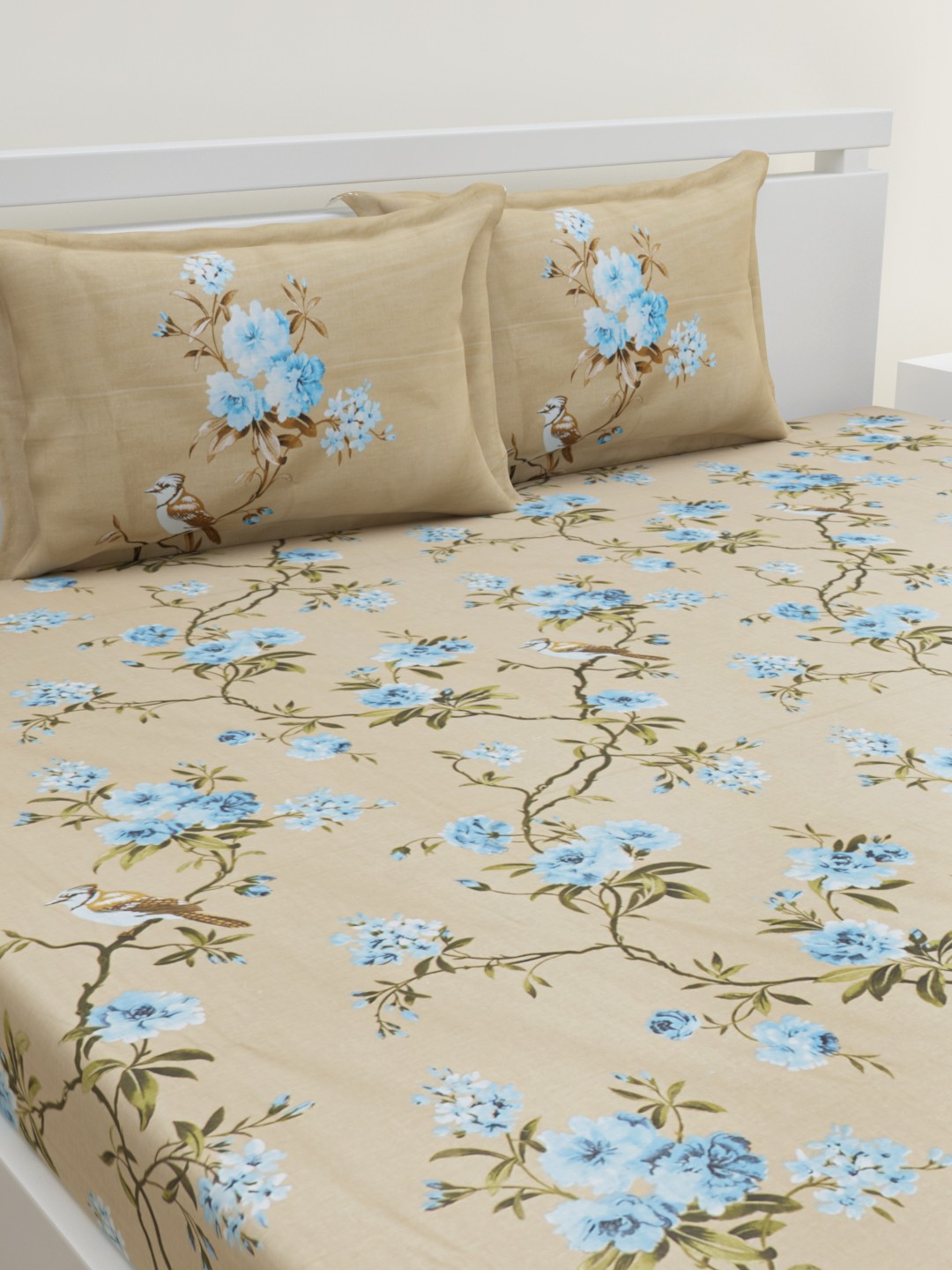 

HOME AFFAIRS Champagne & Blue Floral 180 TC King Pure Cotton Bedsheet with 2 Pillow Covers