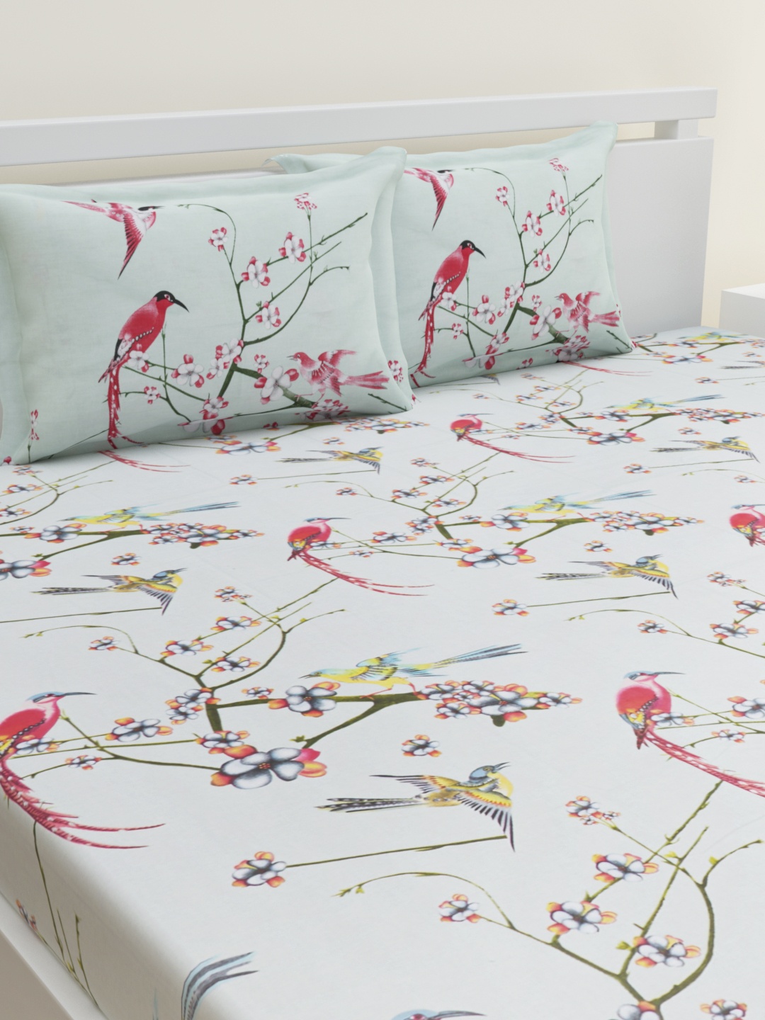 

HOME AFFAIRS Green & Red Floral 180 TC King Pure Cotton Bedsheet with 2 Pillow Covers
