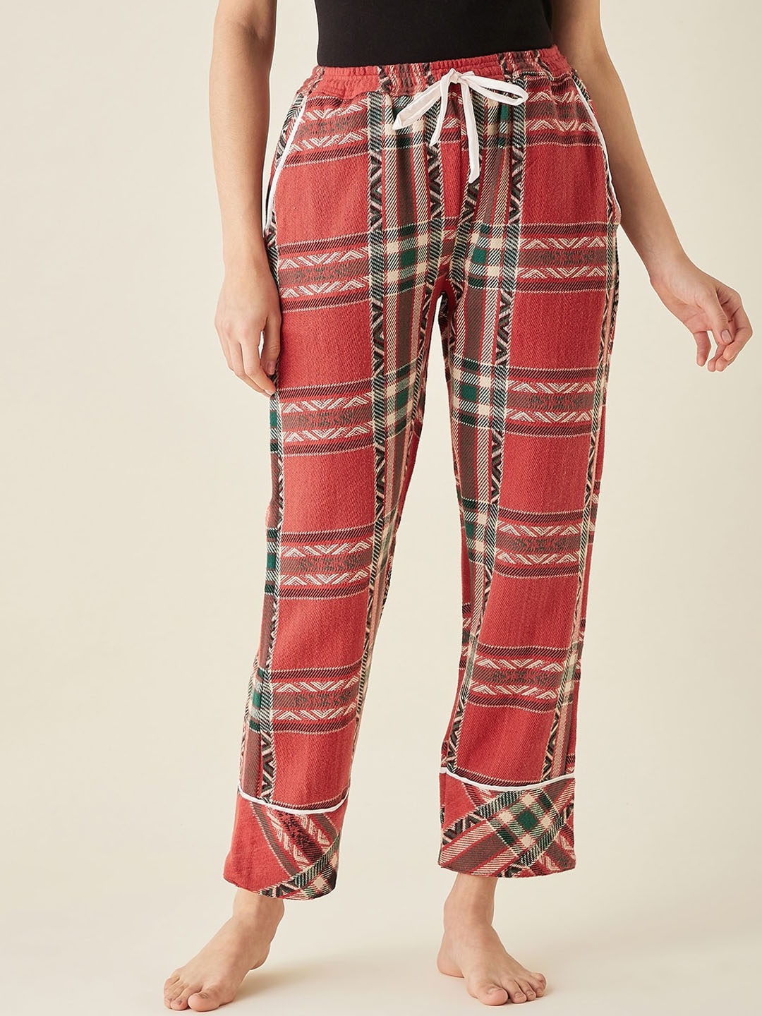 

The Kaftan Company Women Christmas Checks Printed Cotton Lounge Pants, Red
