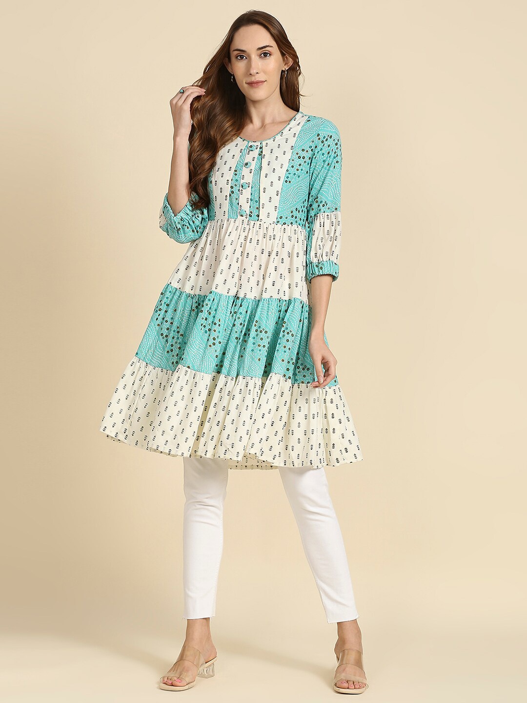 

MADHURAM Cotton Printed Tunic, Turquoise blue