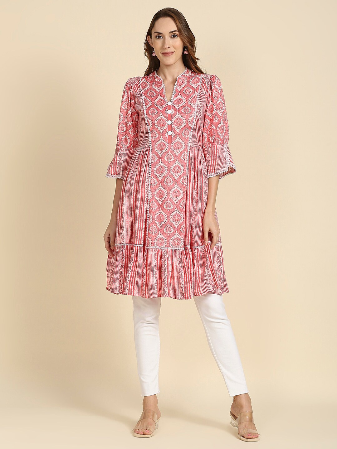 

MADHURAM Pink & White Viscose Rayon Printed Tunic