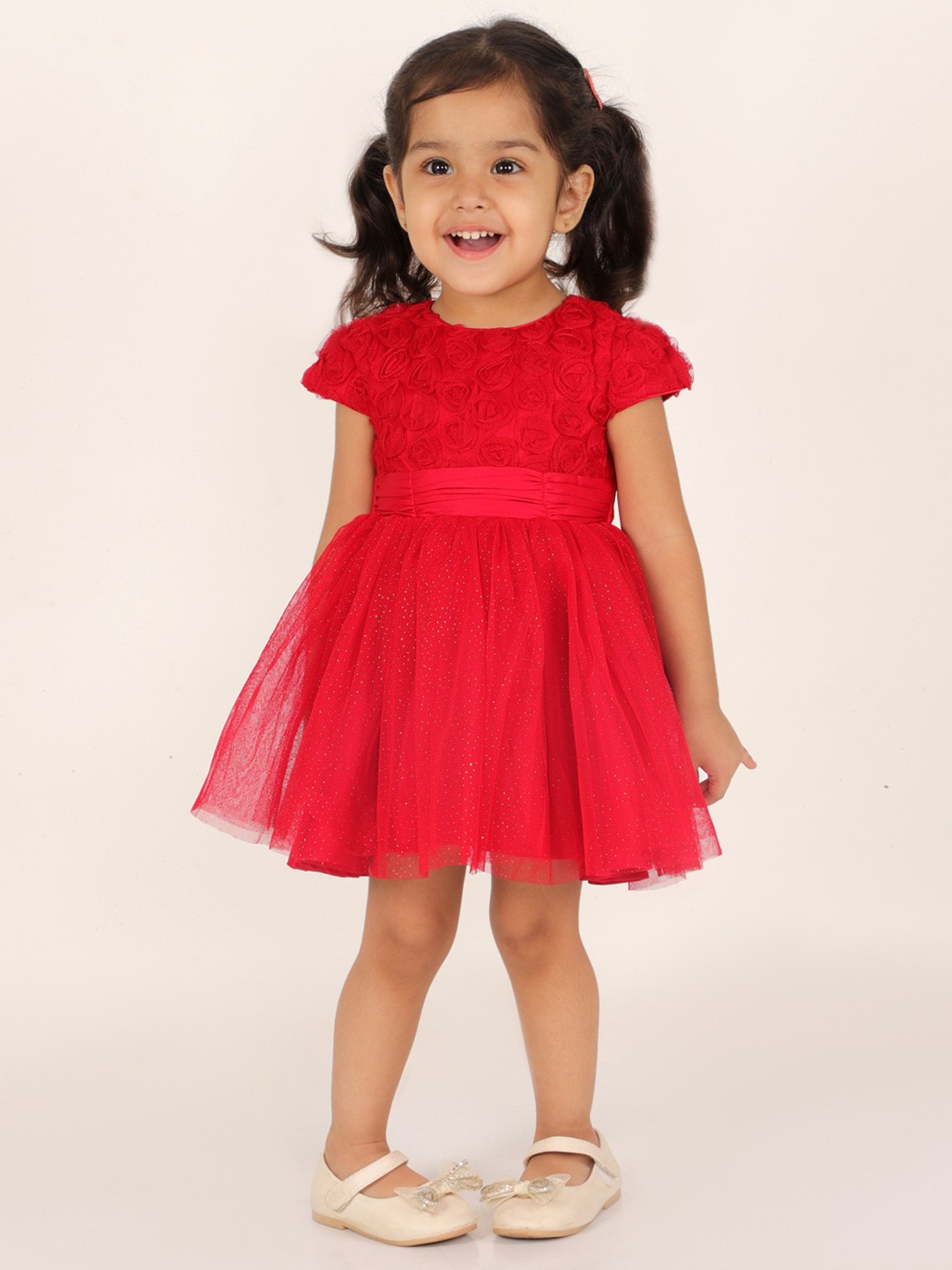 

KidsDew 3D Flowers Patched Net Dress, Red