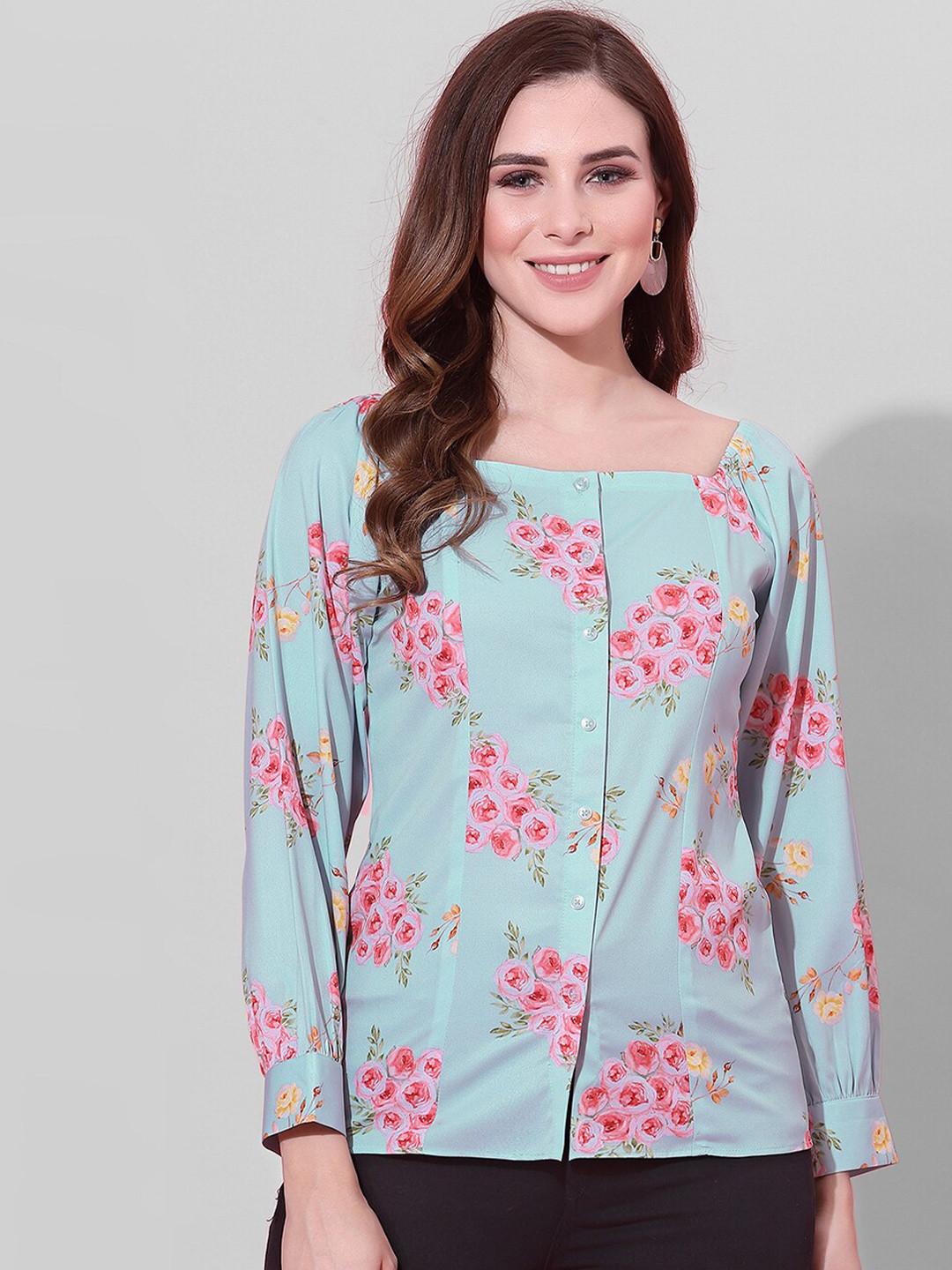 

Selvia Blue Floral Printed Crepe Shirt