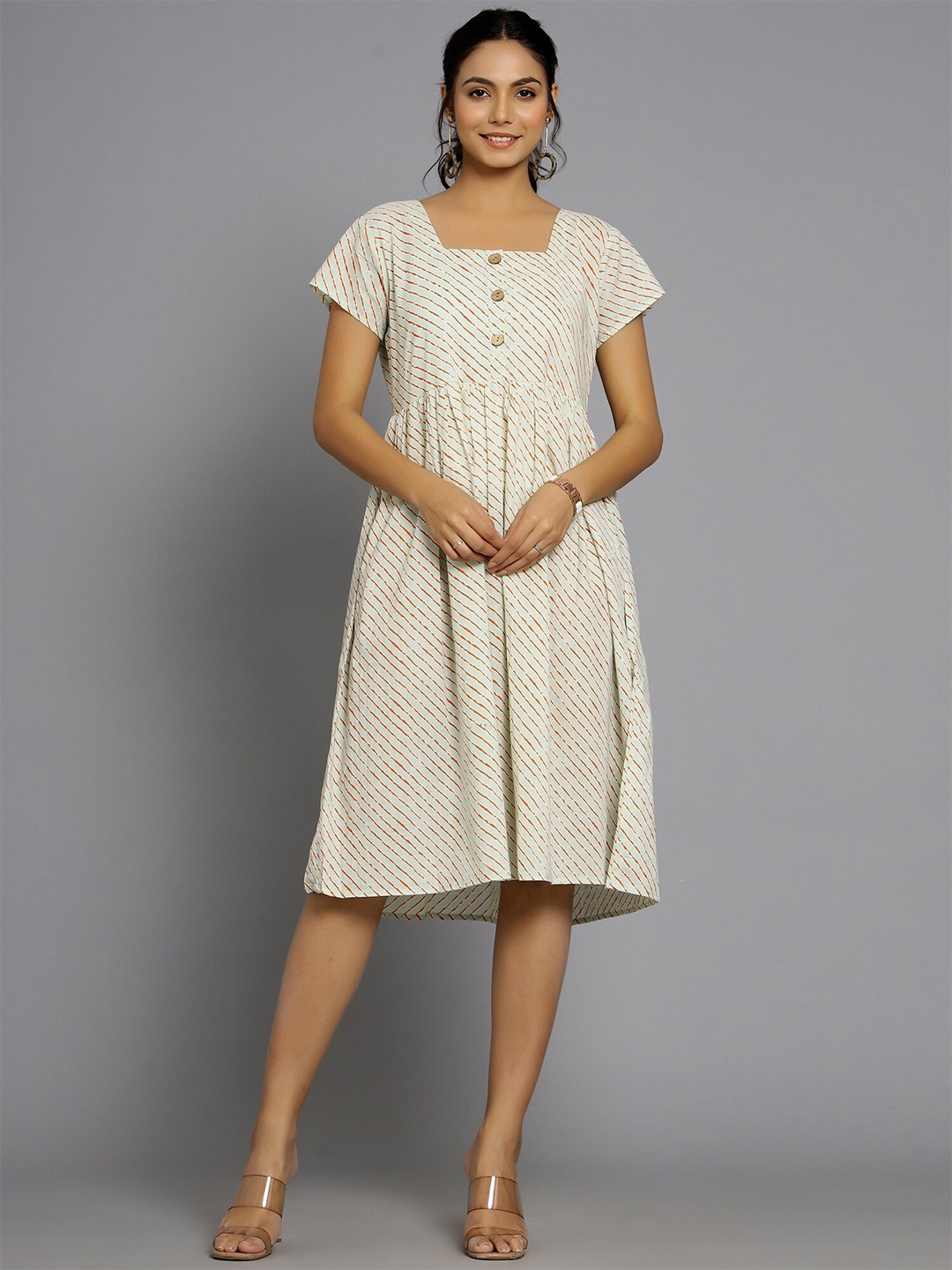 

HANDICRAFT PALACE Striped Cotton A-Line Midi Ethnic Dress, Off white