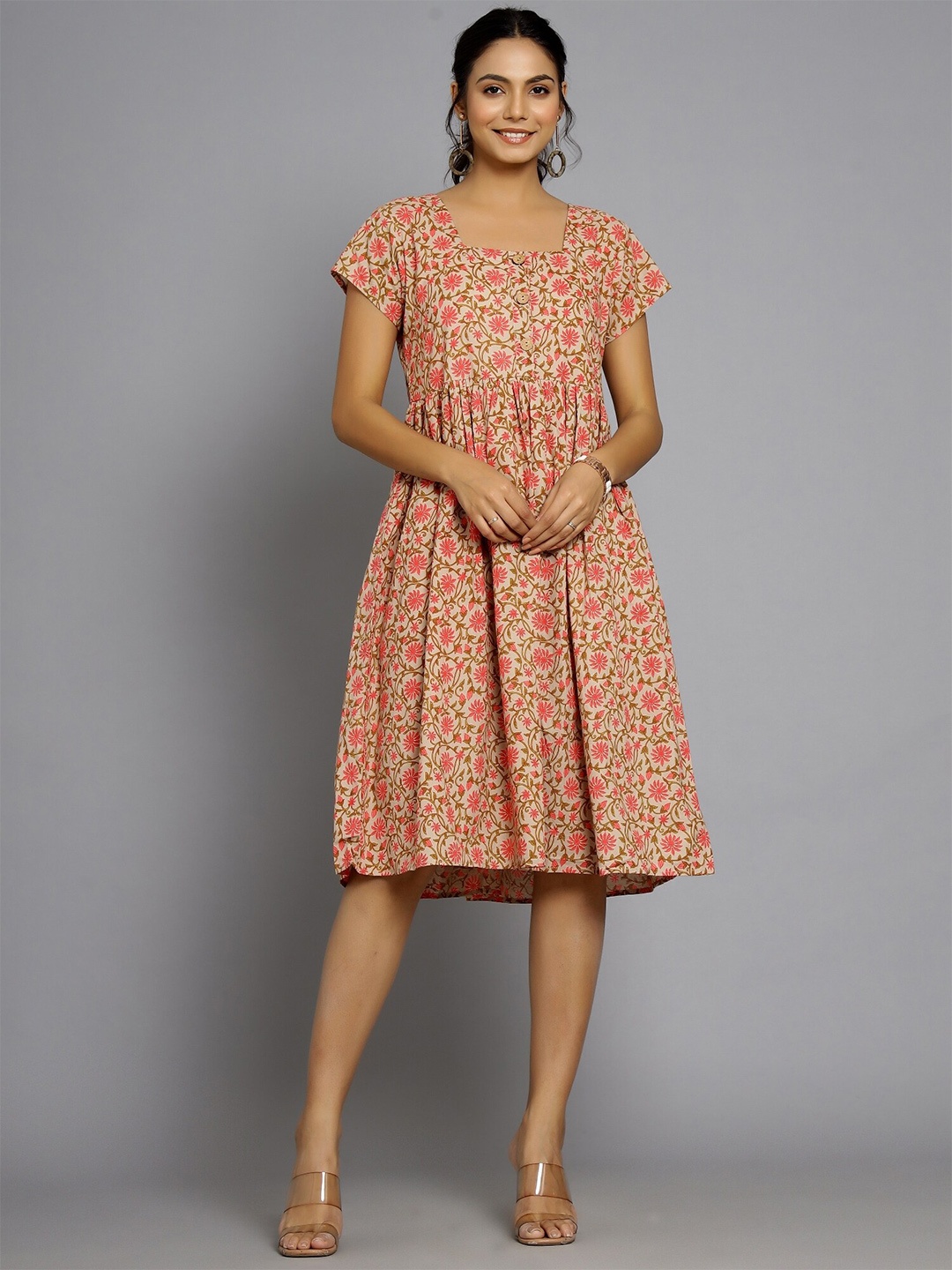 

HANDICRAFT PALACE Floral Printed Cotton A-Line Midi Ethnic Dress, Beige