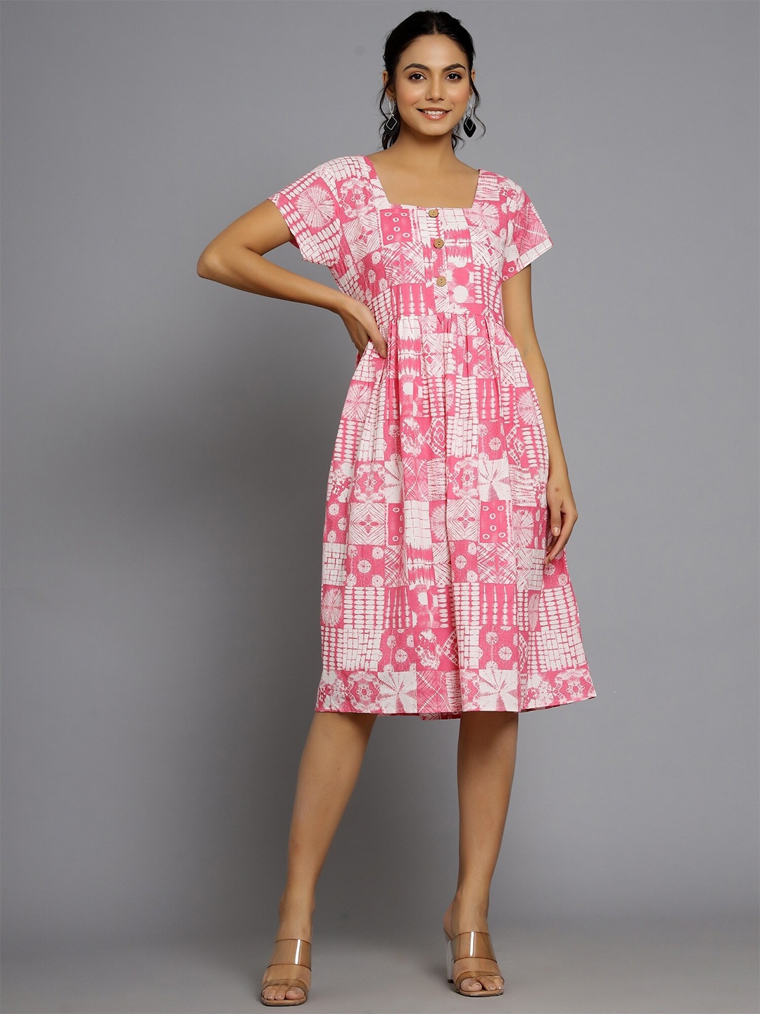 

HANDICRAFT PALACE Printed Cotton Midi A-Line Ethnic Dress, Pink