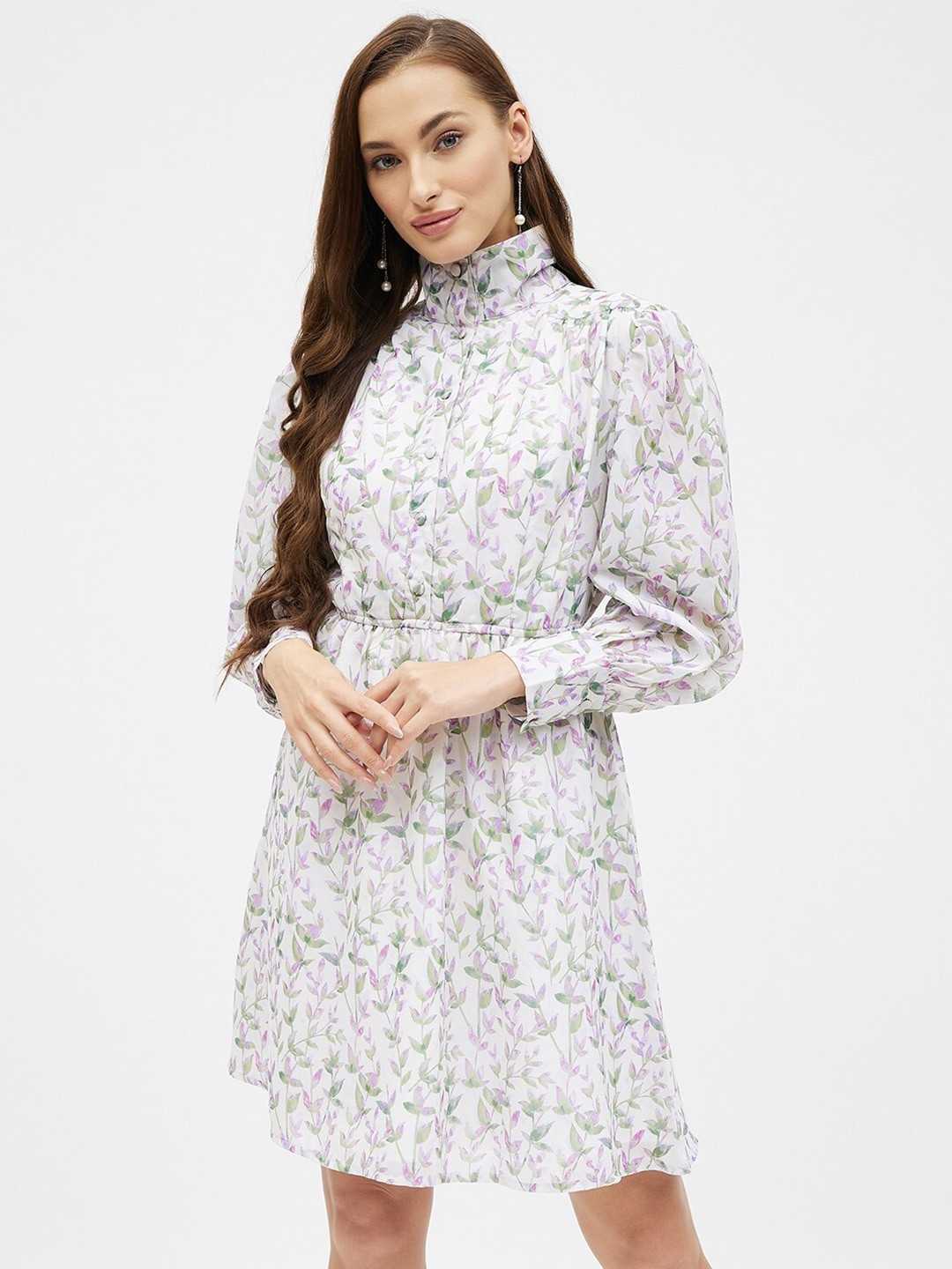 

Kibo Floral Printed High Neck Shirt Dress, White