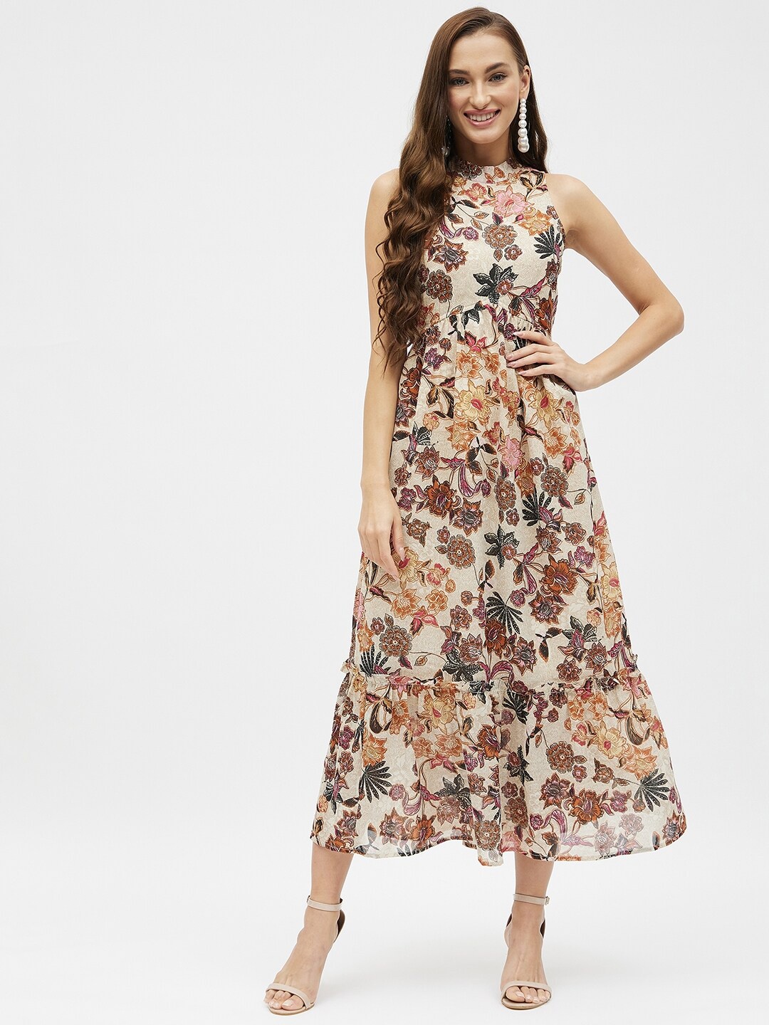 

Kibo Floral Printed Georgette Midi Dress, Beige