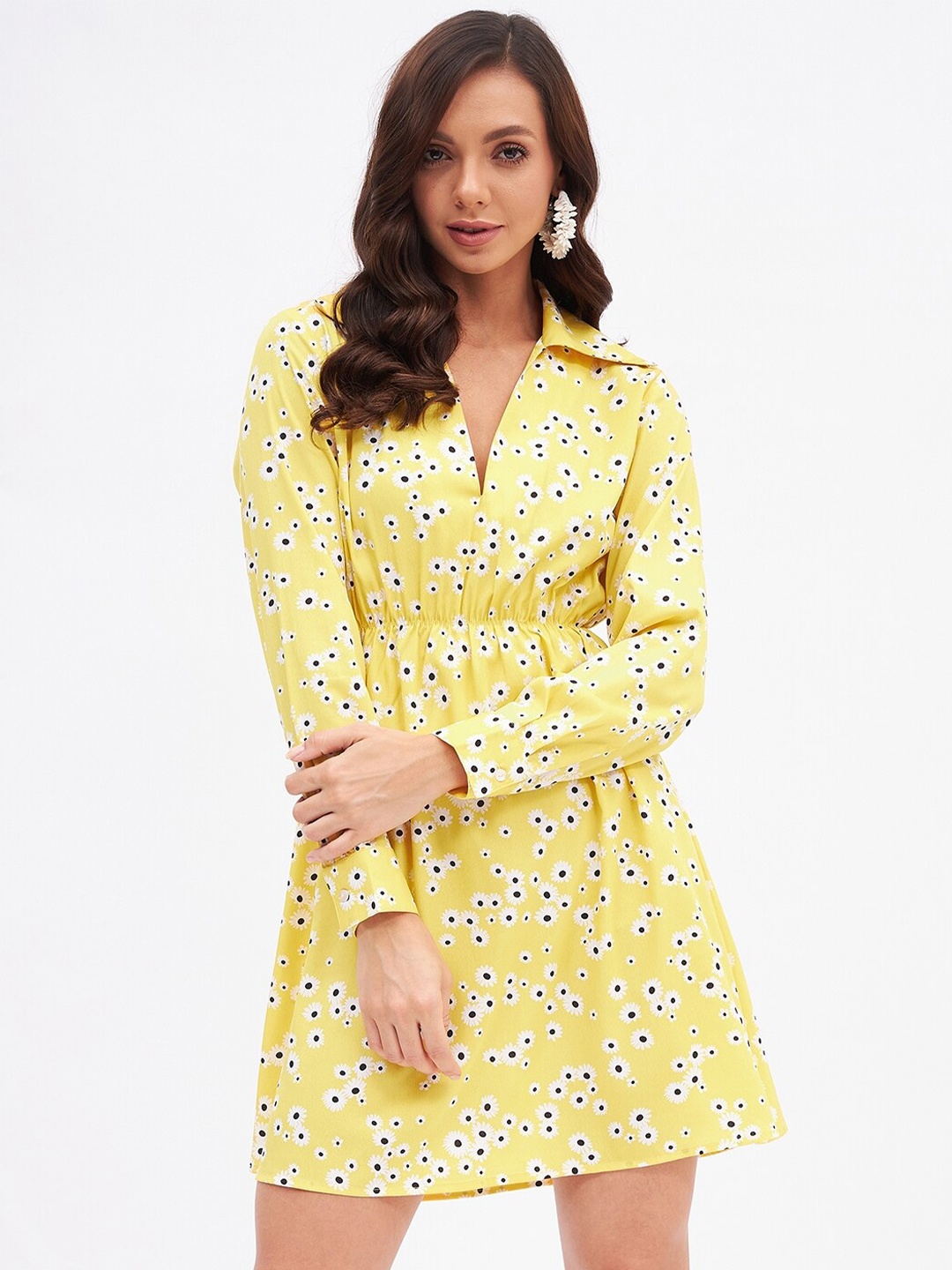 

Kibo Floral Printed Shirt Collar Crepe Dress, Yellow