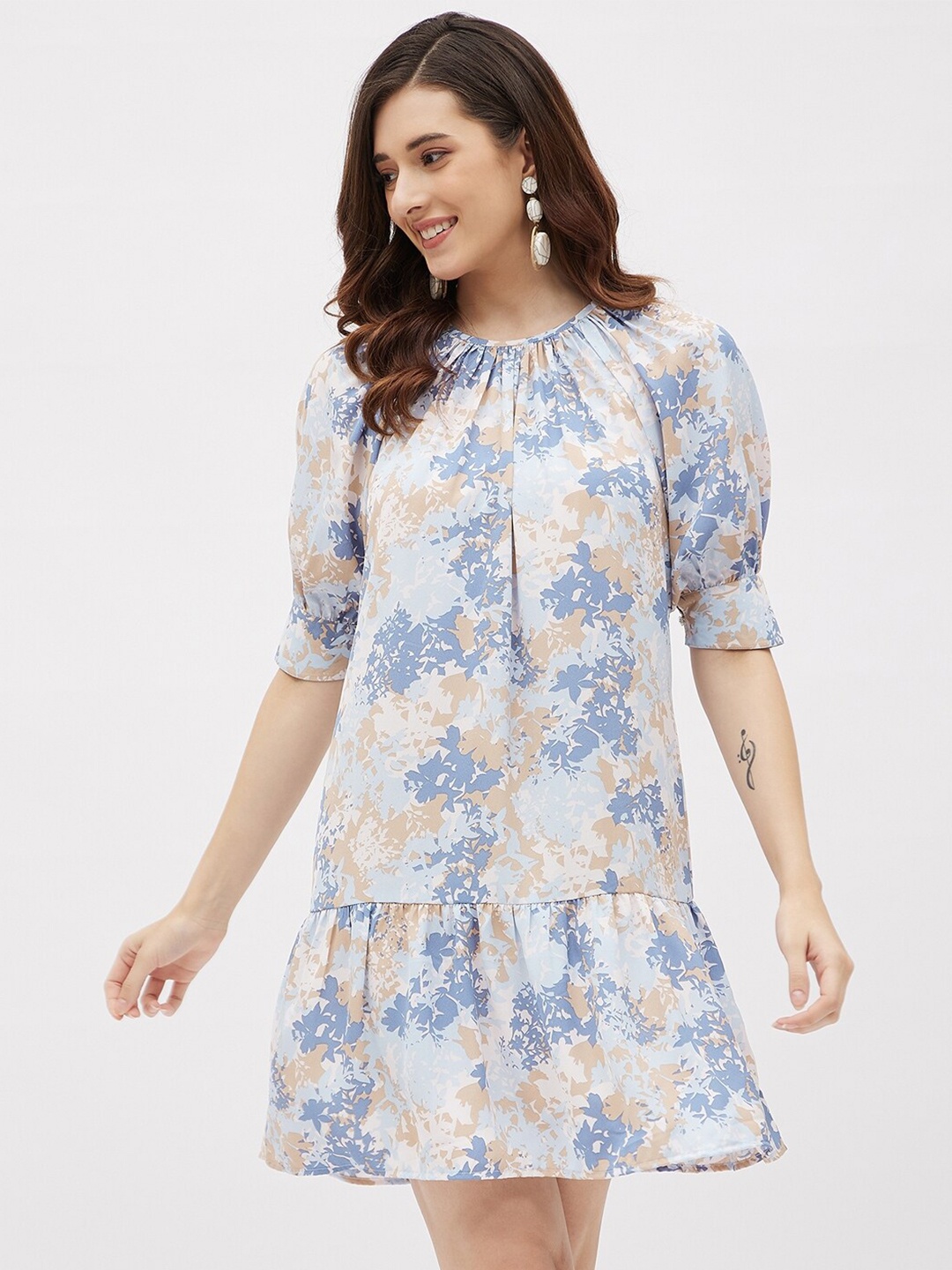 Kibo Floral Printed Puff Sleeve Dress, Blue