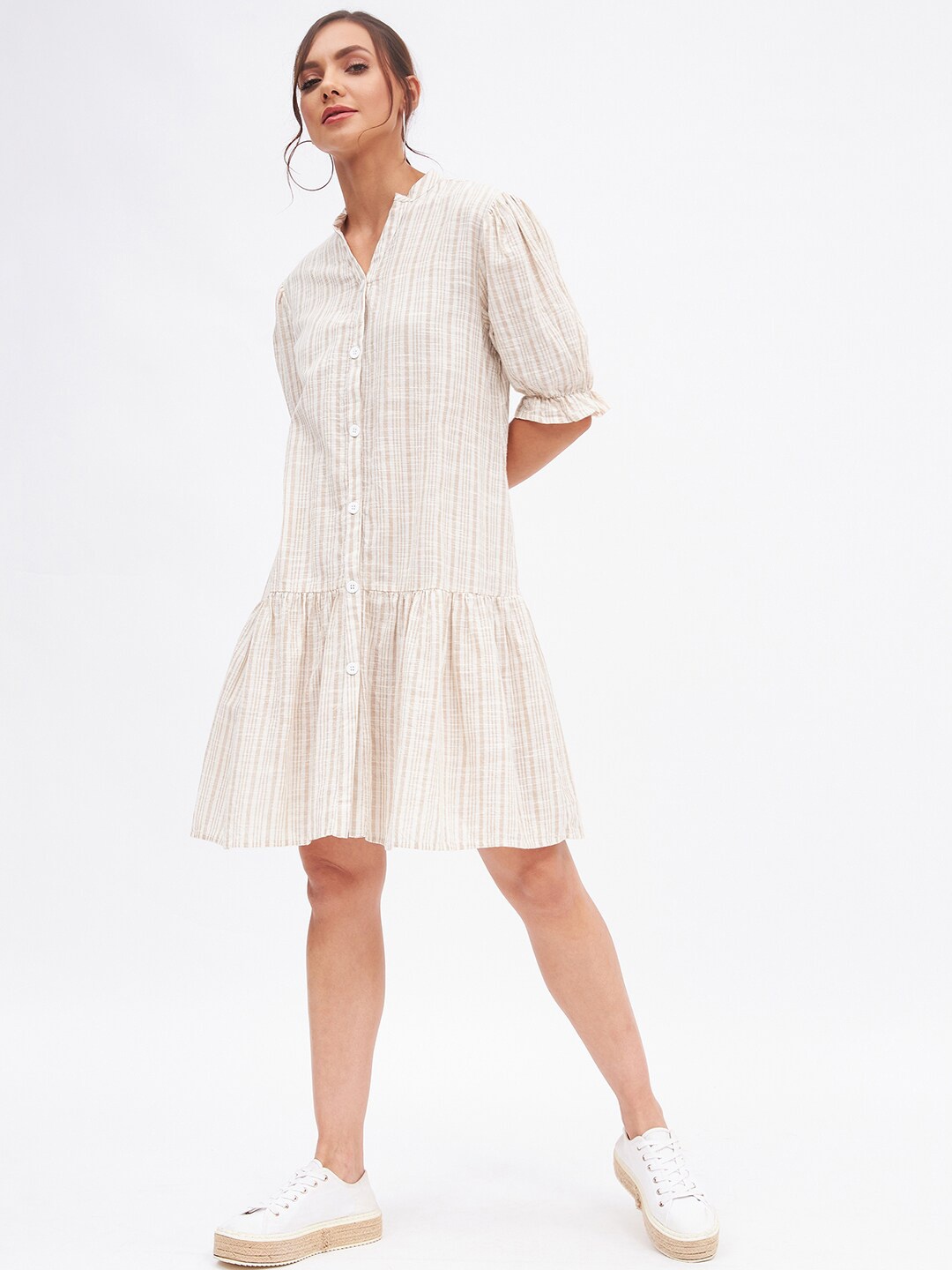 

Kibo Cotton Striped Drop-Waist Dress, Beige
