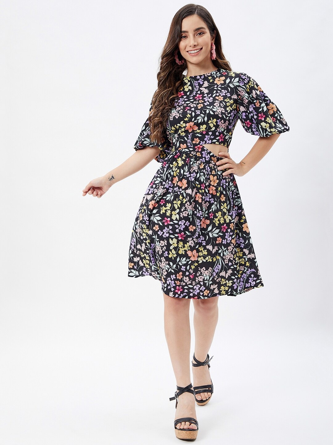 

Kibo Floral Printed One Side Cut-Out Flared Dress, Black
